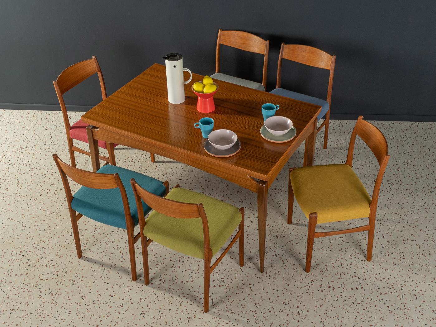 Wonderful dining room chairs by Arne Vodder for Sibast from the 1960s. Solid teak frame. The chairs have been reupholstered and covered with a high-quality upholstery fabric in six colours. The offer includes six chairs.

Quality features:
Very