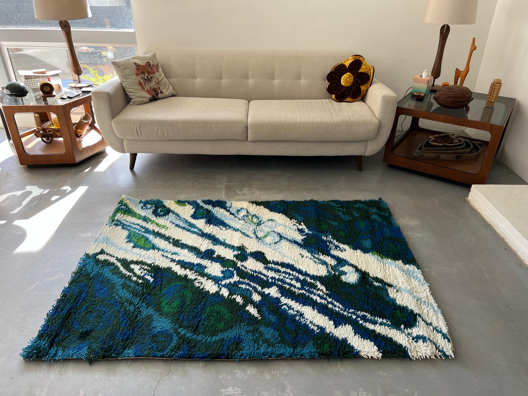 Danese Tappeto danese degli anni '60 Ege Rya VANGUARD Blue Wave Snow Wool INUTILIZZATO Mid Century Modern Danish Rug in vendita