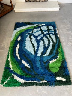 60's EGE RYA VANGUARD Blues Tree Branch Mid Century Modern UNUSED Danish Rya Rug
