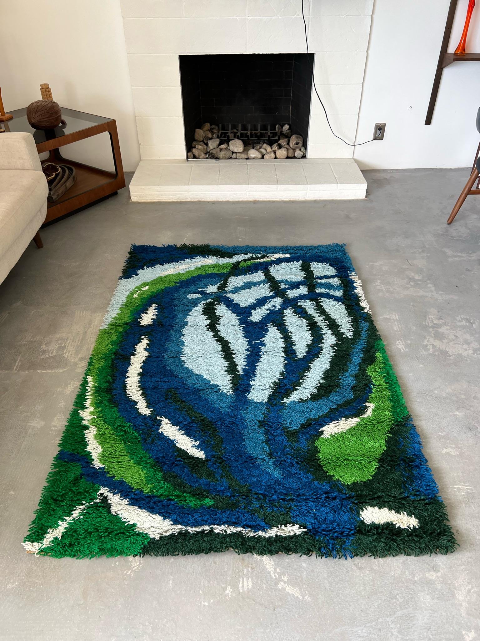 Danese Tappeto anni '60 Ege RYA VANGUARD Blues Tree Branch Mid Century Modern UNUSED Danish Rya Rug in vendita