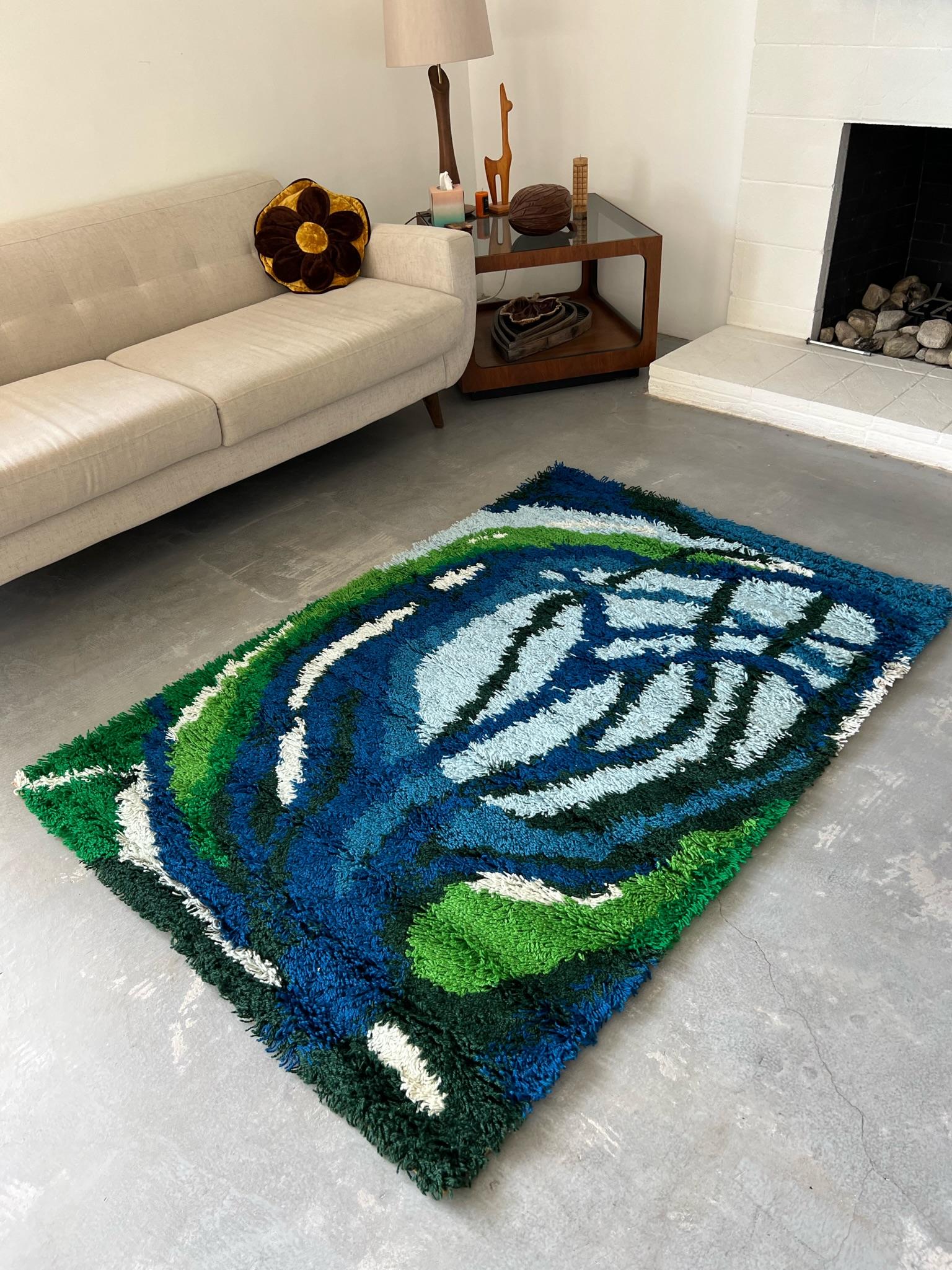 Tappeto anni '60 Ege RYA VANGUARD Blues Tree Branch Mid Century Modern UNUSED Danish Rya Rug In condizioni ottime in vendita a Los Angeles, CA