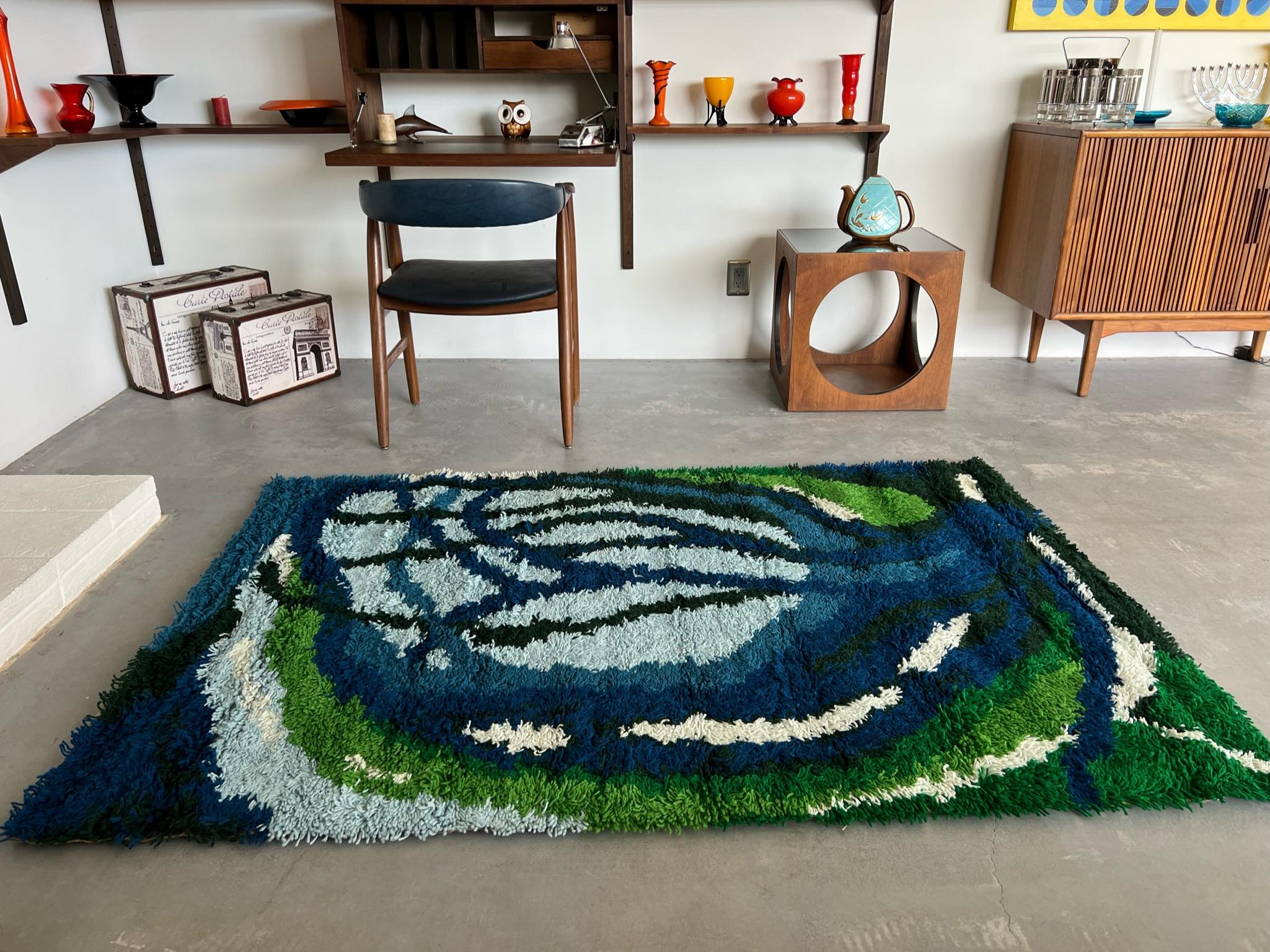 Lana Tappeto anni '60 Ege RYA VANGUARD Blues Tree Branch Mid Century Modern UNUSED Danish Rya Rug in vendita