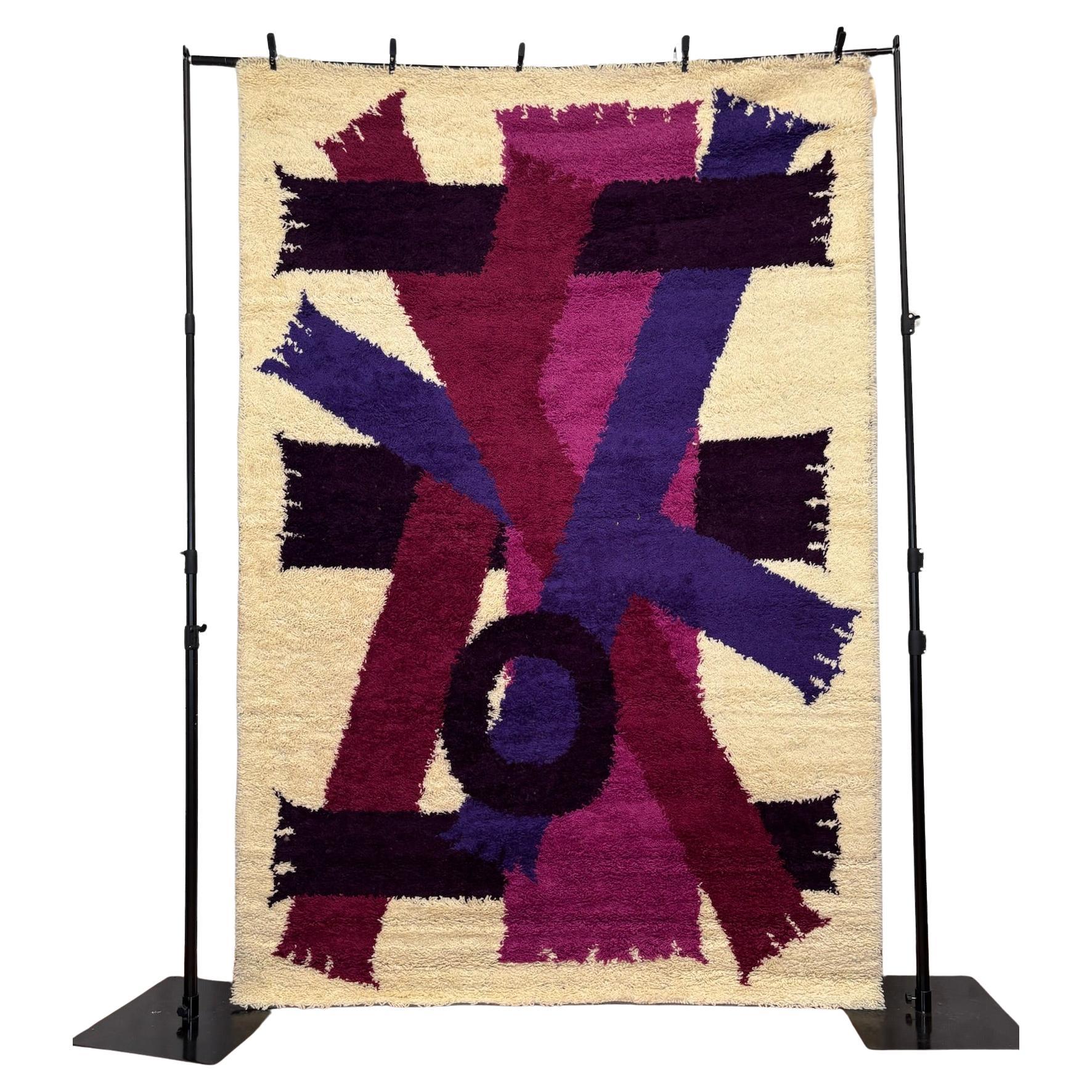 60
s EGE RYA VANGUARD Geometrische Lila Schals Wolle UNGEBRAUCHTE Moderne Dänische Teppich