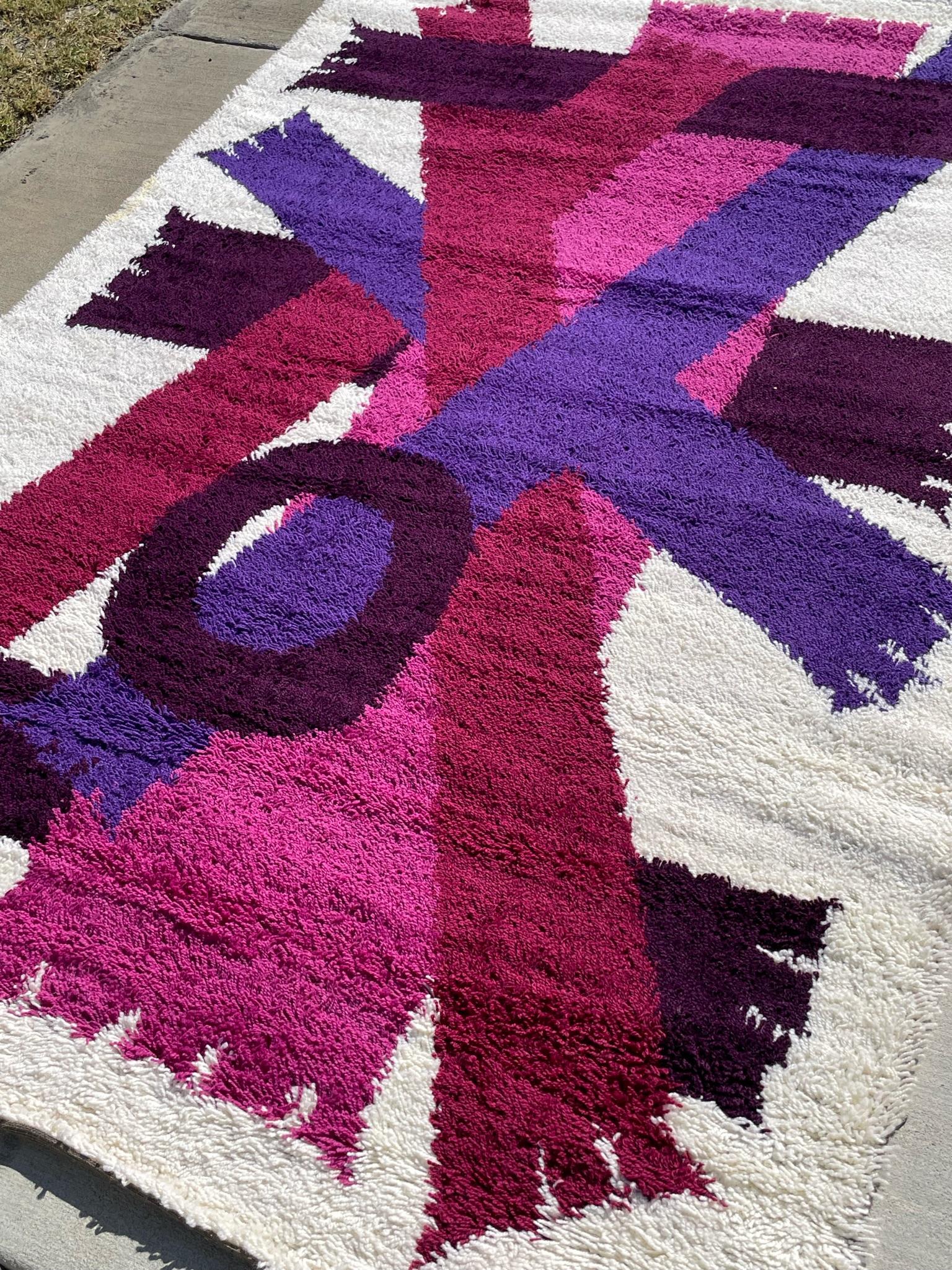60's EGE RYA VANGUARD Purple Scarves Wool UNUSED Modern Danish Rug MCM 6'x9' For Sale 1