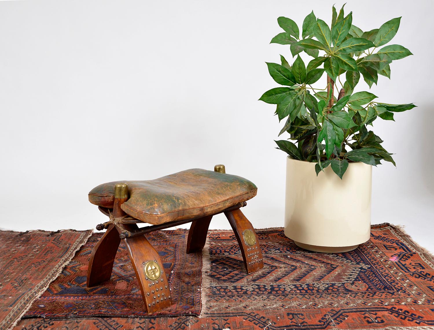 Hand-Crafted 60s Egyptian Leather Camel Saddle Stool Footstool Ottoman Pouffe Middle Eastern