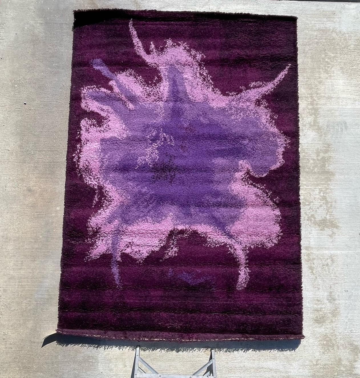 Mid-20th Century 60's EKSPORT WILTON Mid Century UNUSED Modern Danish Rya Rug Rorschach Purples For Sale