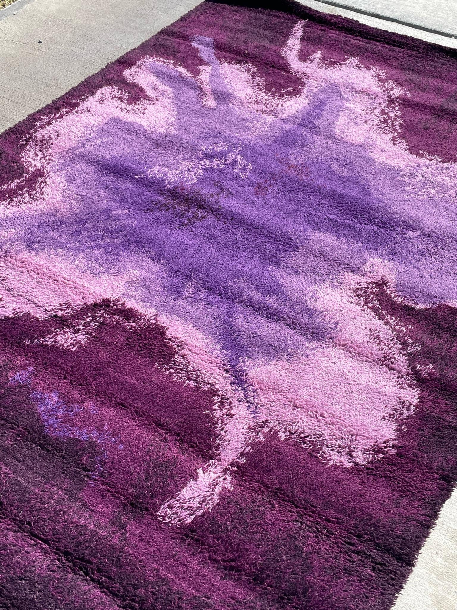 Wool 60's EKSPORT WILTON Mid Century UNUSED Modern Danish Rya Rug Rorschach Purples For Sale