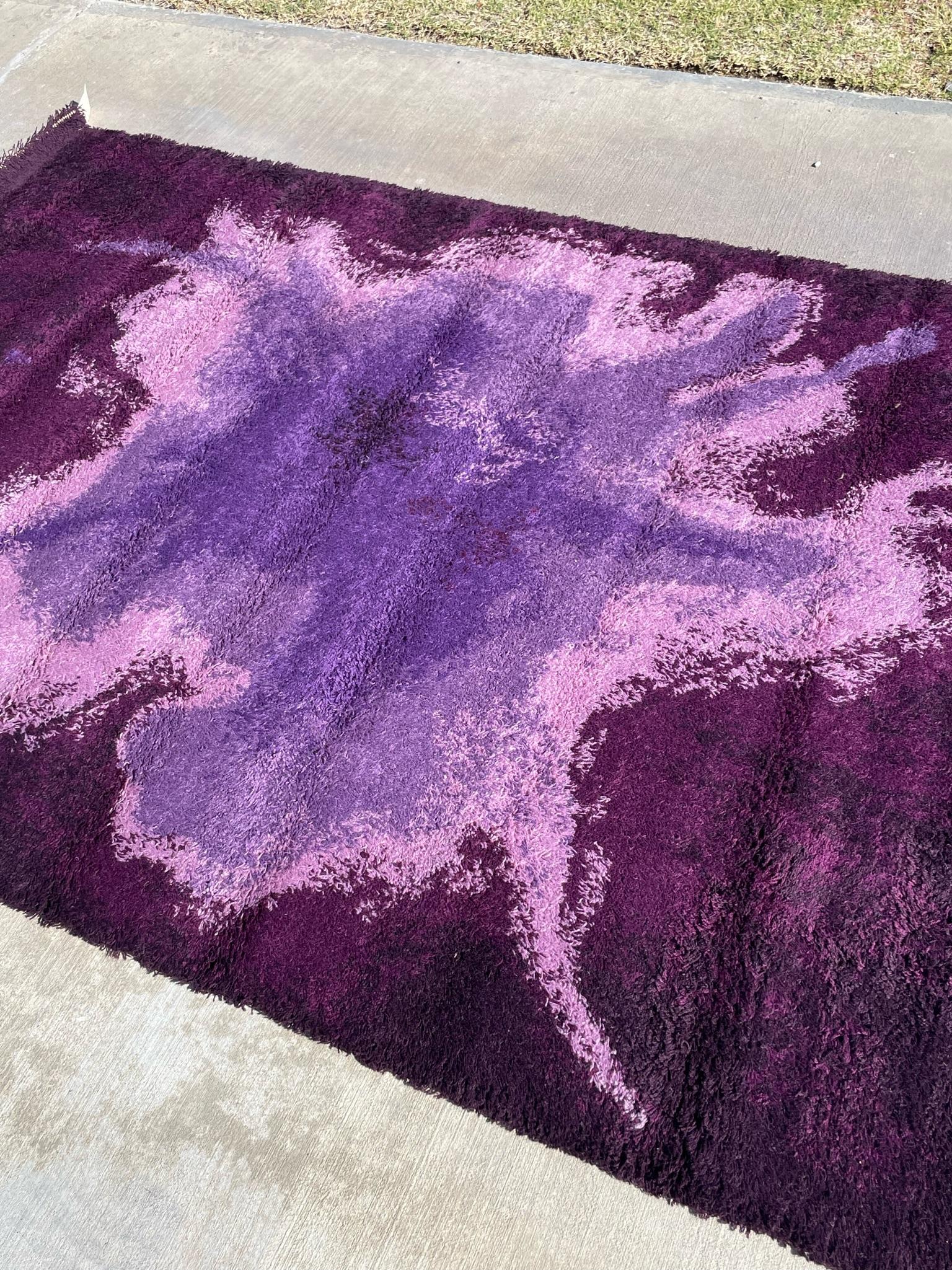 60's EKSPORT WILTON Mid Century UNUSED Modern Danish Rya Rug Rorschach Purples For Sale 1