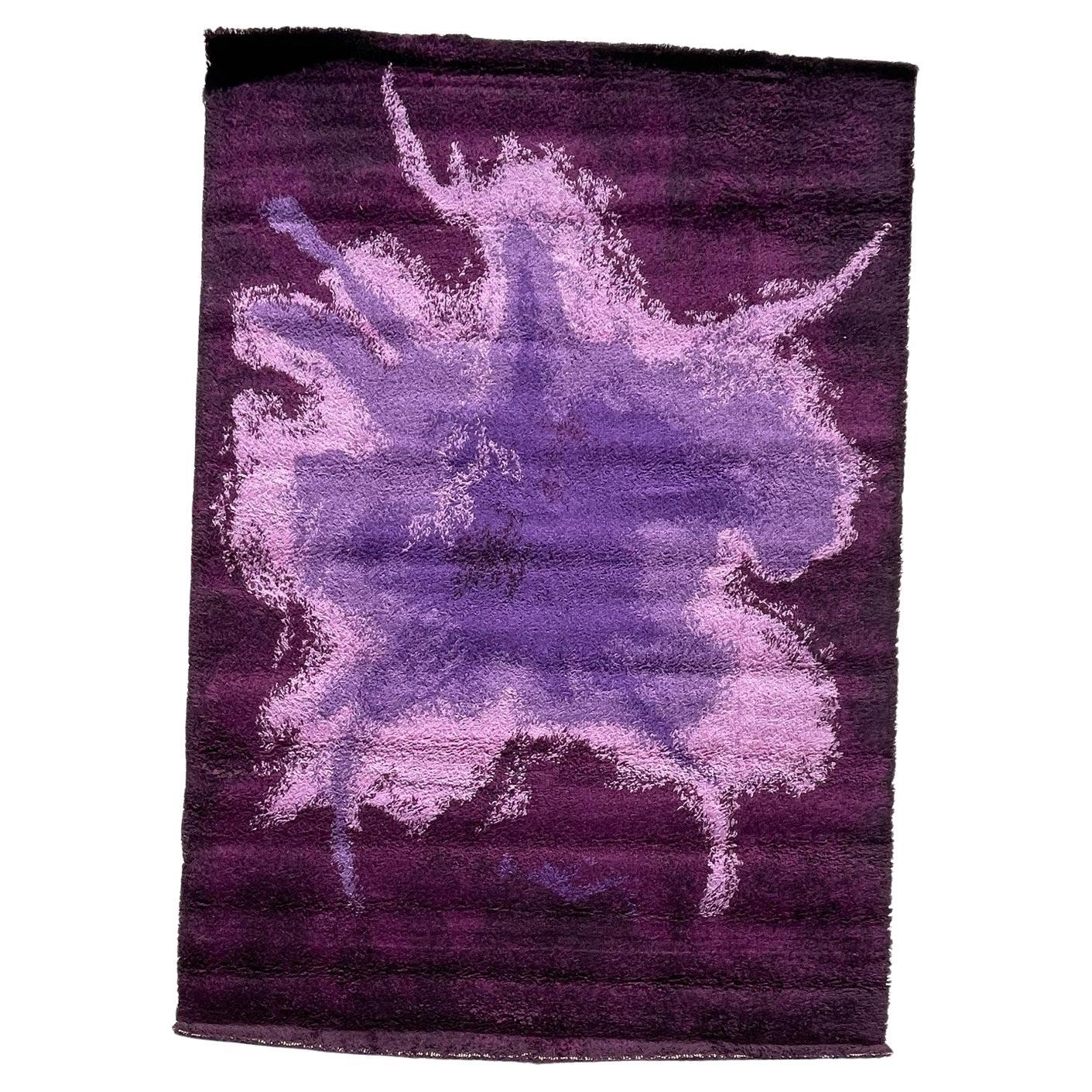 60's EKSPORT WILTON Mid Century UNUSED Modern Danish Rya Rug Rorschach Purples For Sale