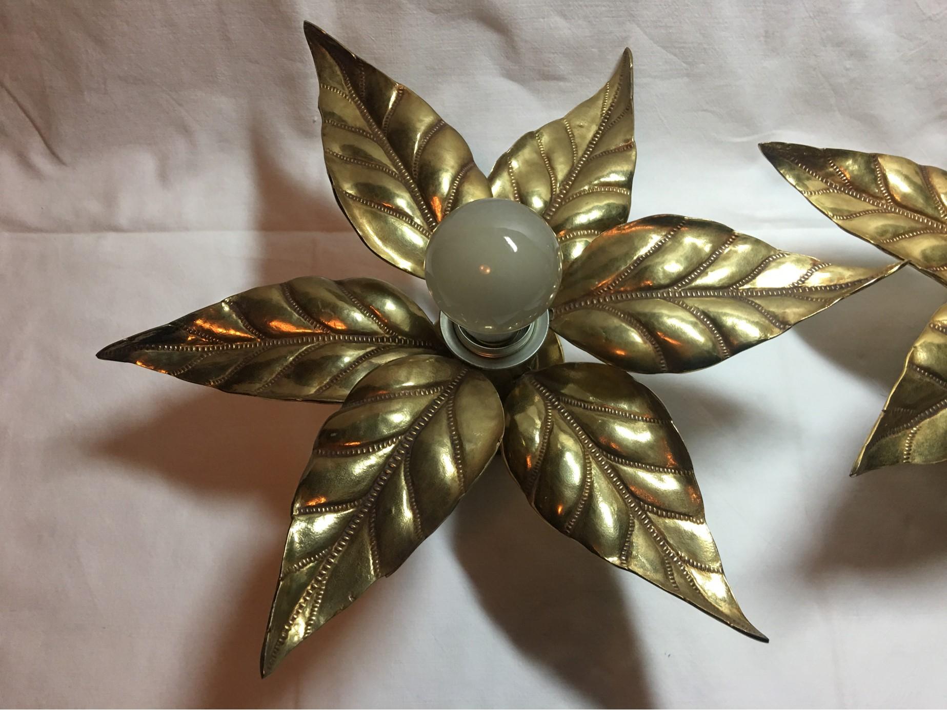 Belgian 1960s Flower Power Brass Flush Mount or Sconces Willy Daro Style For Sale