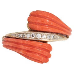 60s Fluted Coral Diamond Bypass Ring Sz 6.75 Vintage 14k Gold Cocktail Jewelry