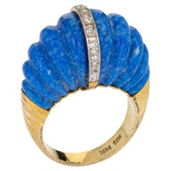 60s Fluted Lapis Lazuli Diamond Ring Vintage 14k Yellow Gold Sz 7 Jewelry