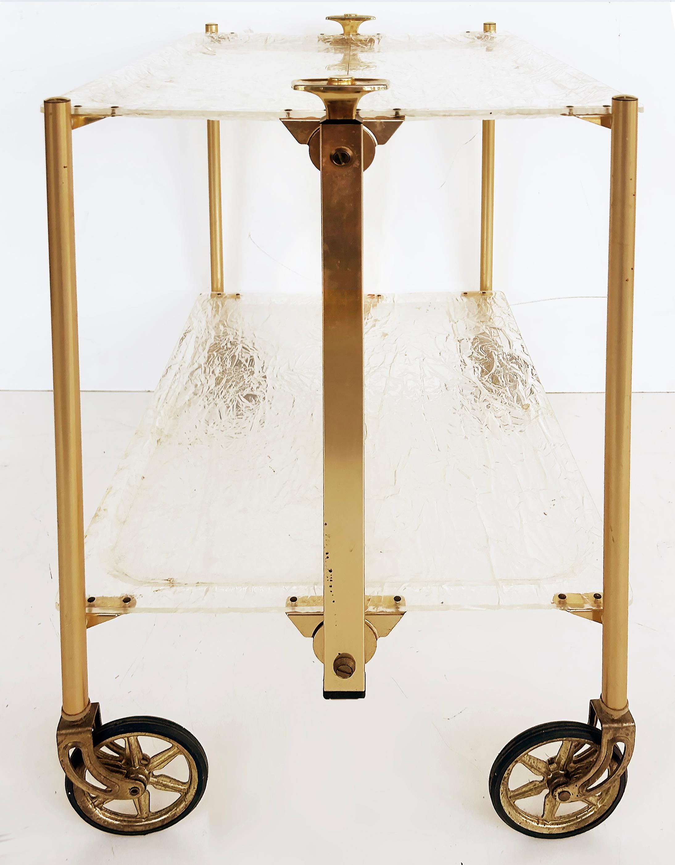 Mid-Century Modern '60s French 2-Tier Brass Lucite Folding Dessert Serving Cart For Sale