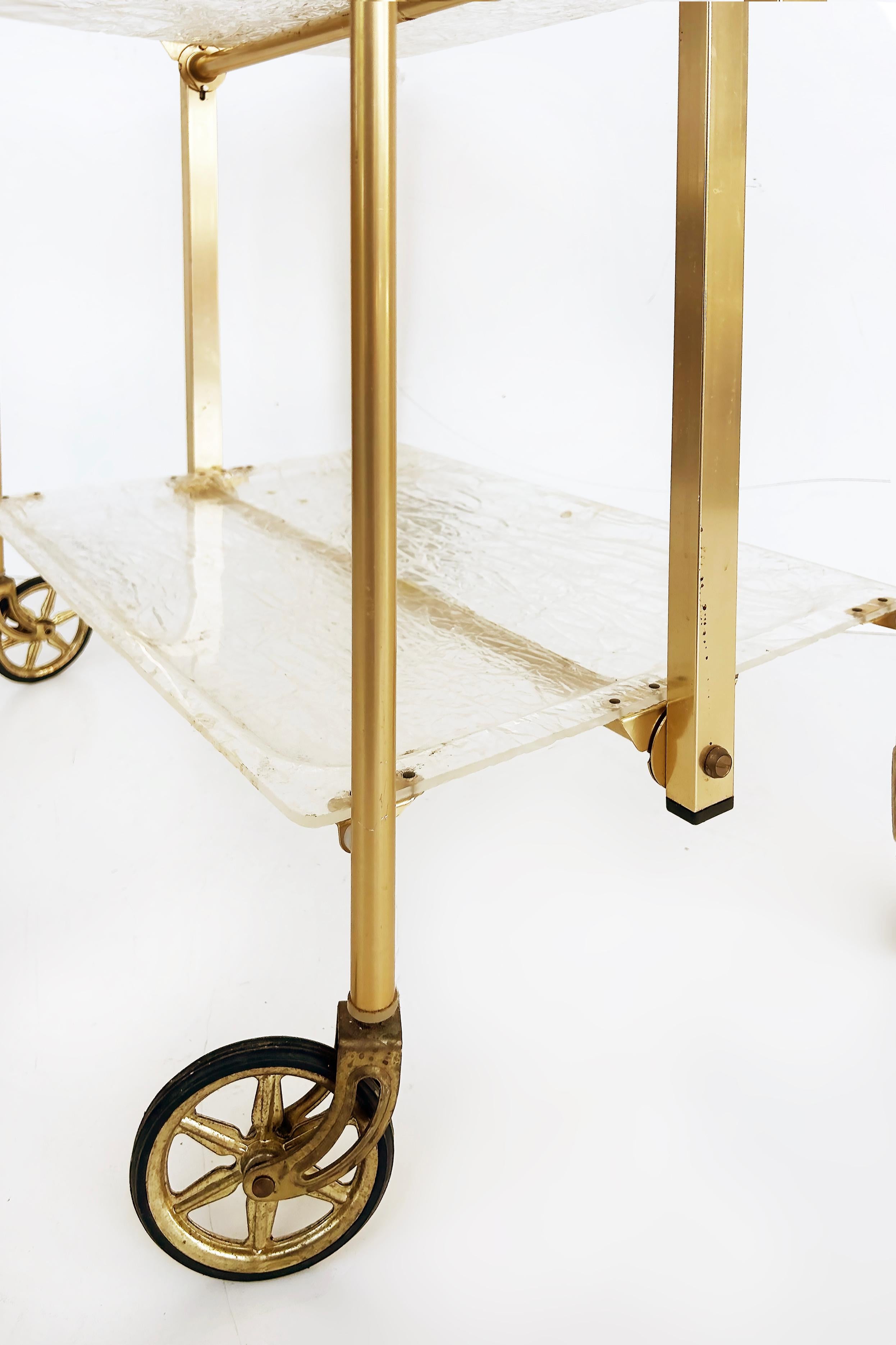 Metal '60s French 2-Tier Brass Lucite Folding Dessert Serving Cart For Sale