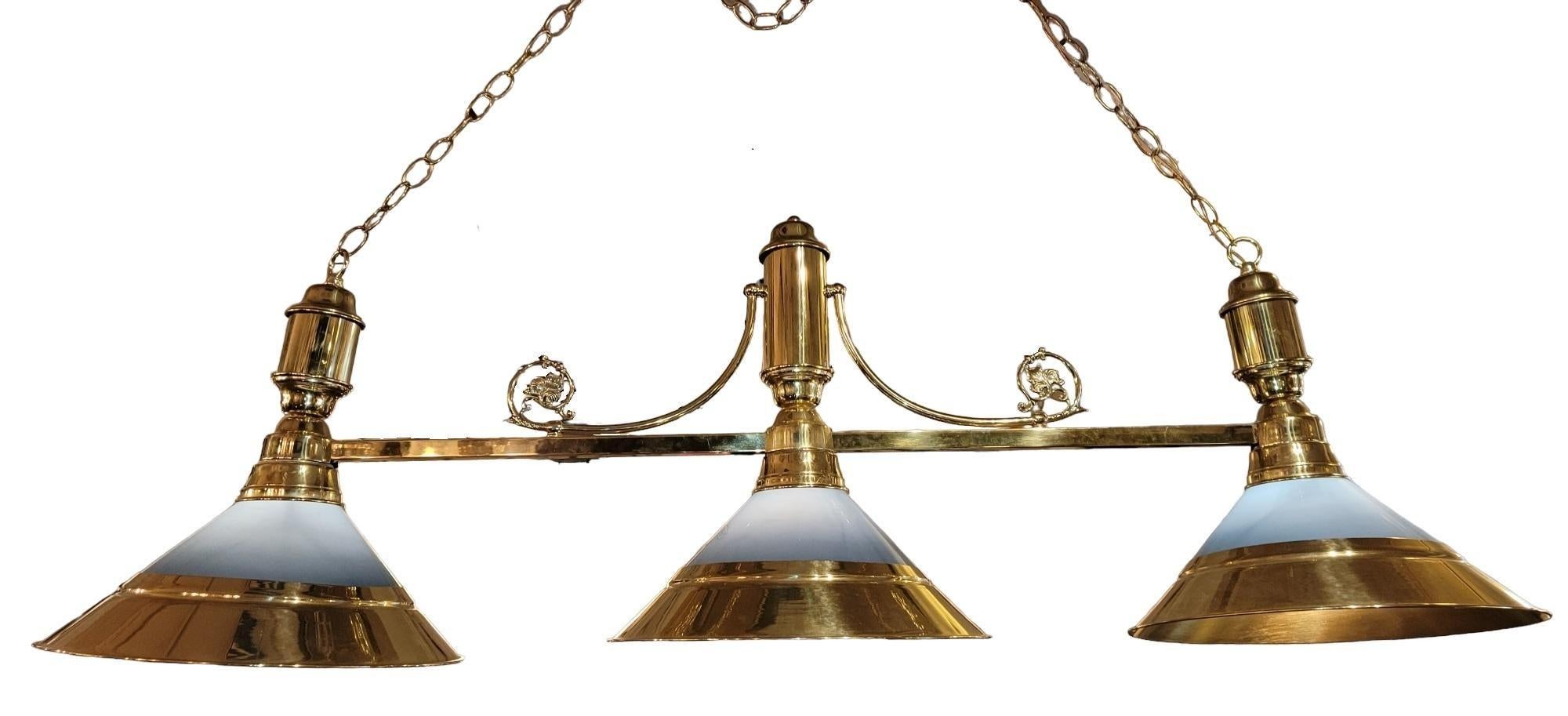 American 1960s French Brass and Glass Billiards 3 Light Chandelier