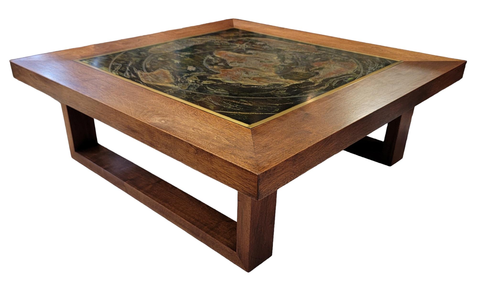 Gorgeous Bernhard Rohne Wooden coffee table with a beautiful oxidized brass table top. 
The wood is a clean straight edged look. With minimal signs of use.
The oxidized brass the has been placed on top of the coffee table is has an island design to