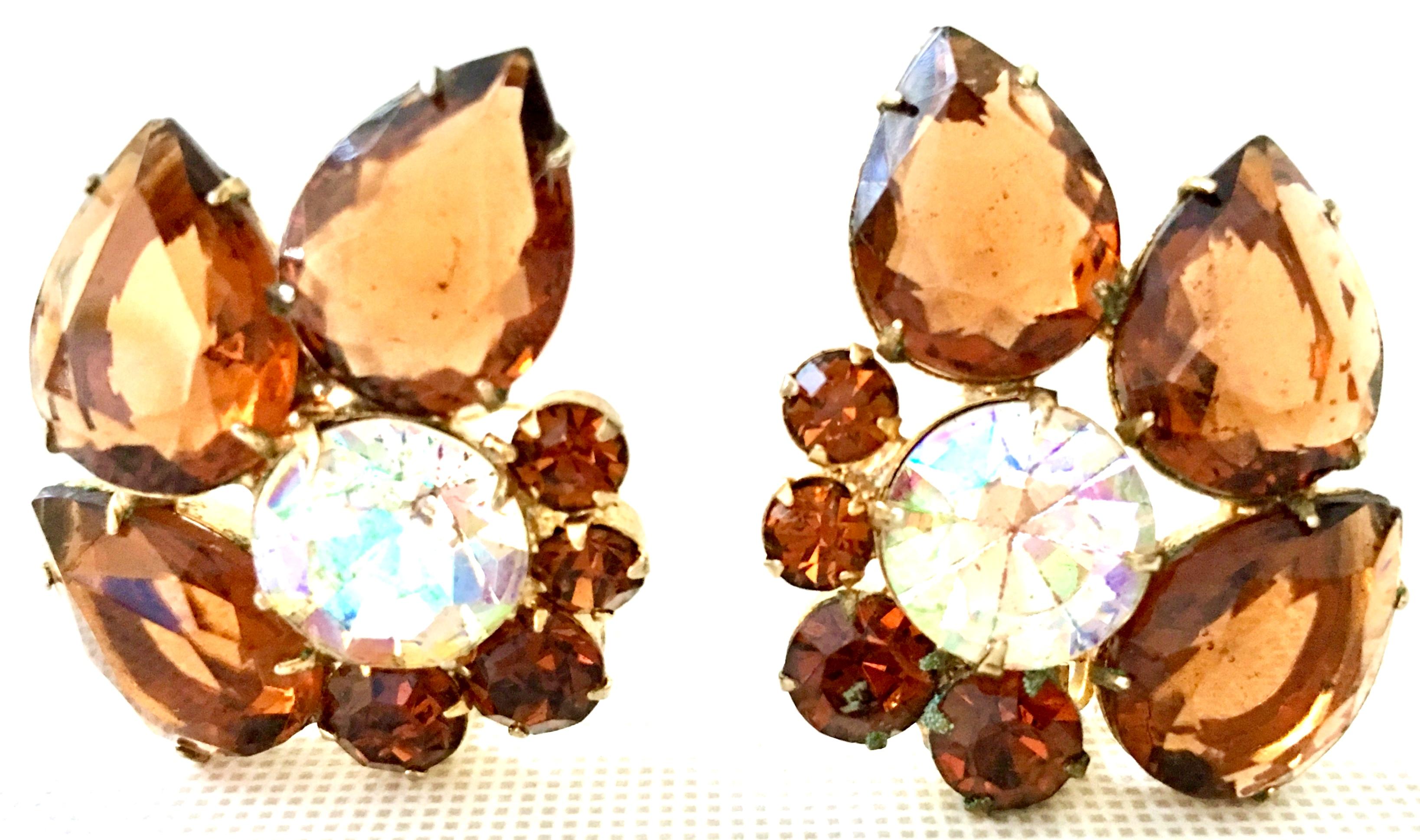1960'S Pair Of Gold Plate & Austrian Crystal Abstract Flower Earrings By, Delizza & Elster 