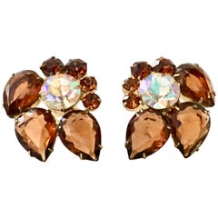 Vintage 60'S Gold & Austrian Crystal Abstract "Flower" Earrings By, Delizza & Elster