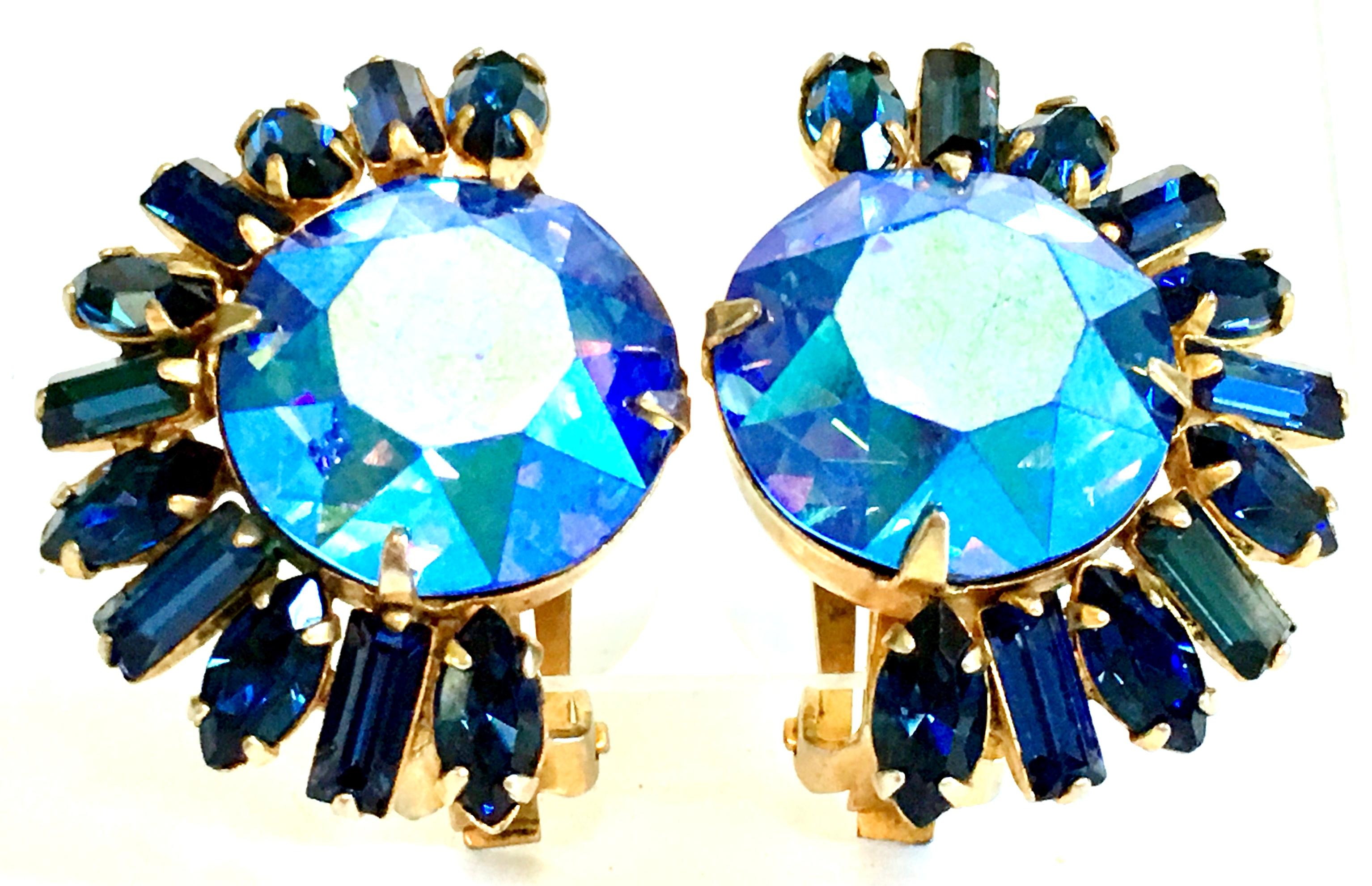 20th Century Gold Plate & Peacock Blue Austrian Crystal Earrings By, Alice Caviness. These finely crafted 