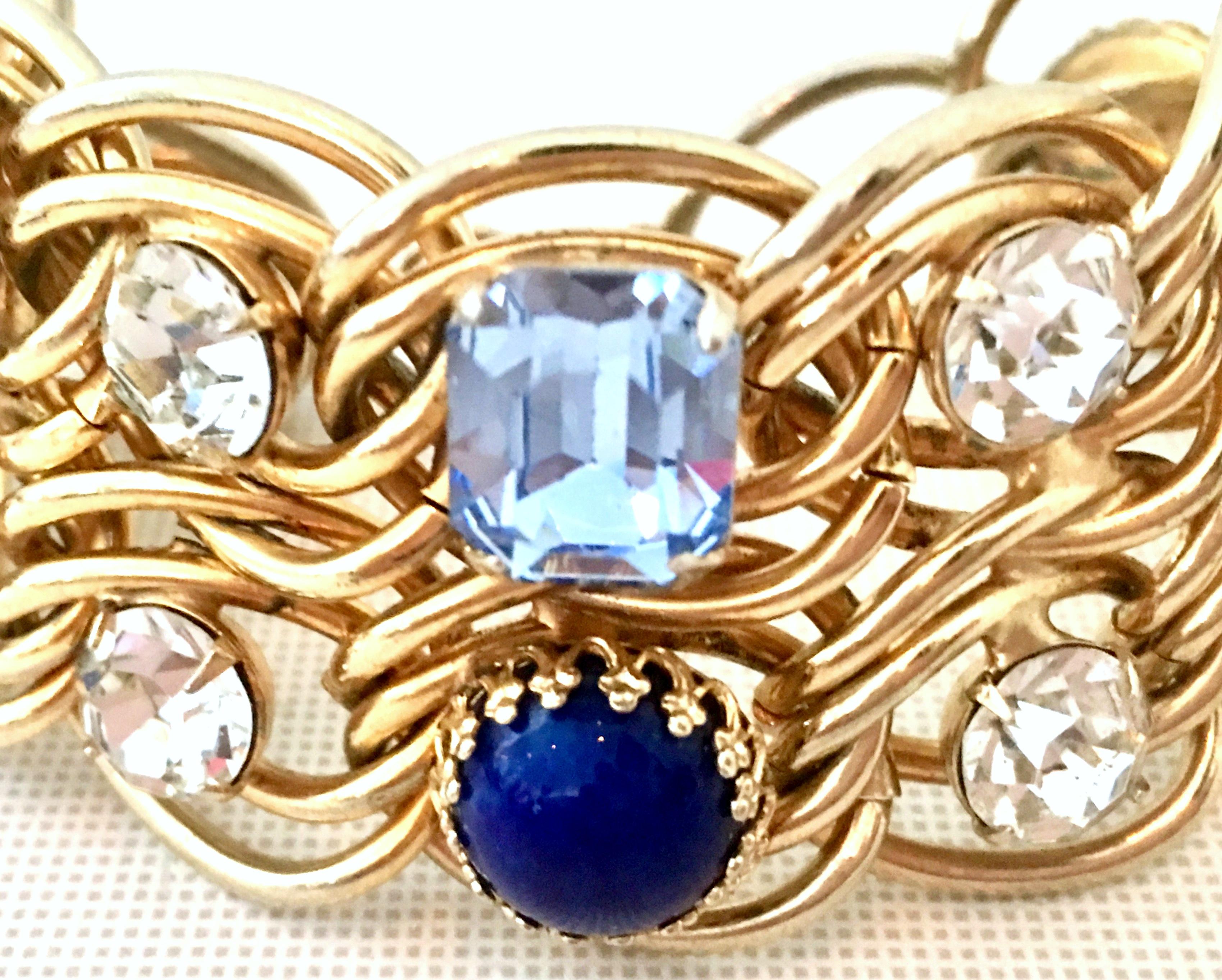 60'S Gold Blue Faux Lapis & Austrian Crystal Link Bracelet By, Schiaparelli 1