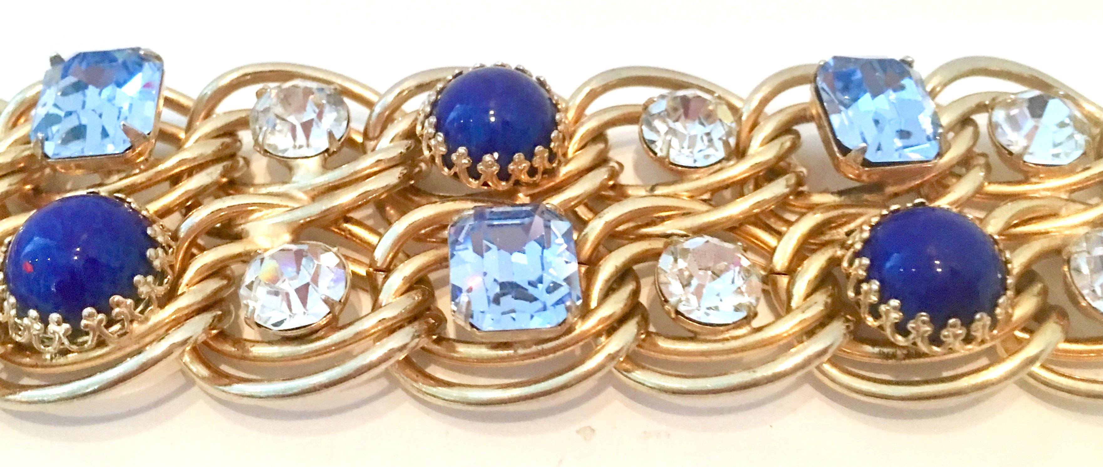 60'S Gold Blue Faux Lapis & Austrian Crystal Link Bracelet By, Schiaparelli 2