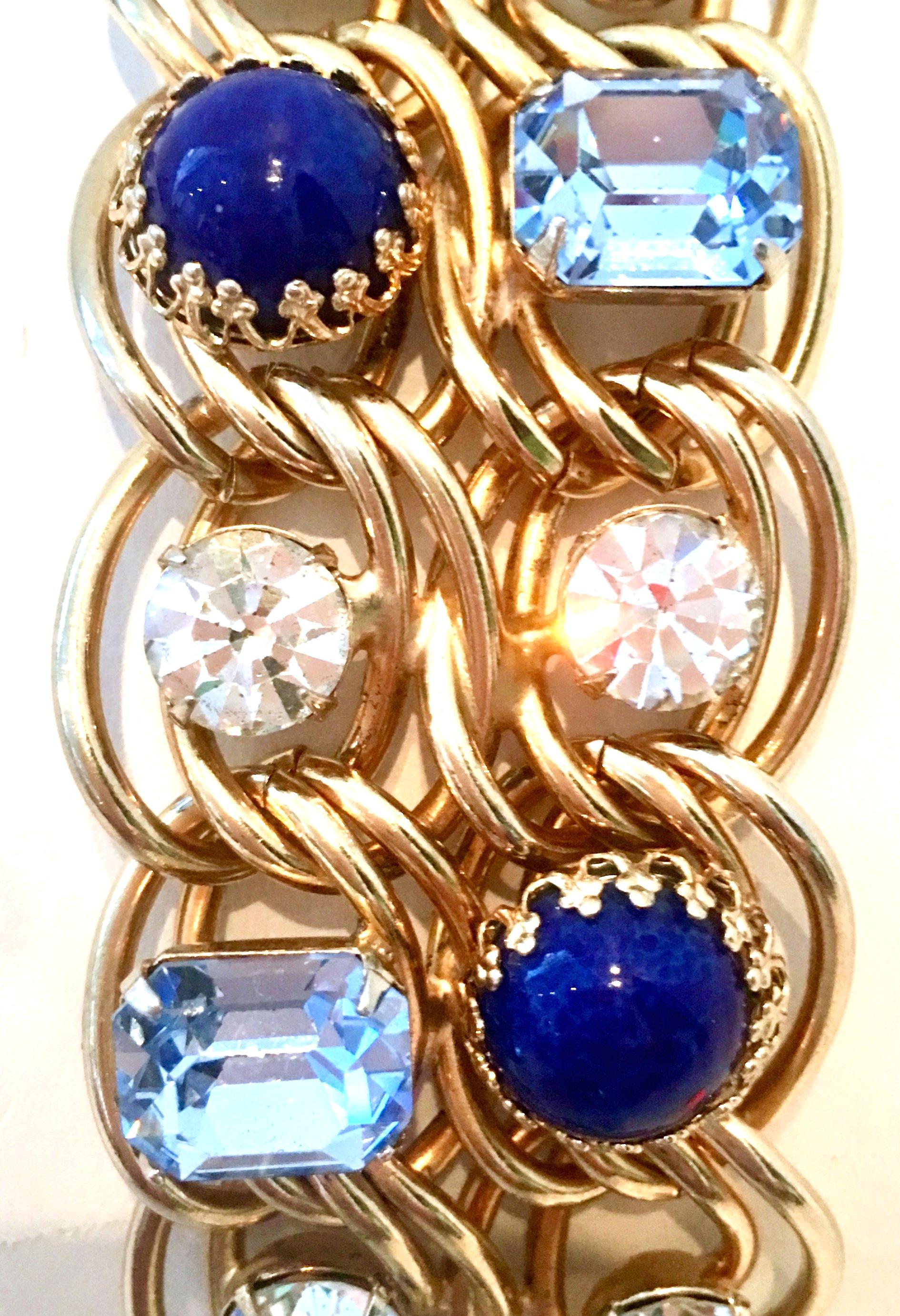 60'S Gold Blue Faux Lapis & Austrian Crystal Link Bracelet By, Schiaparelli 3