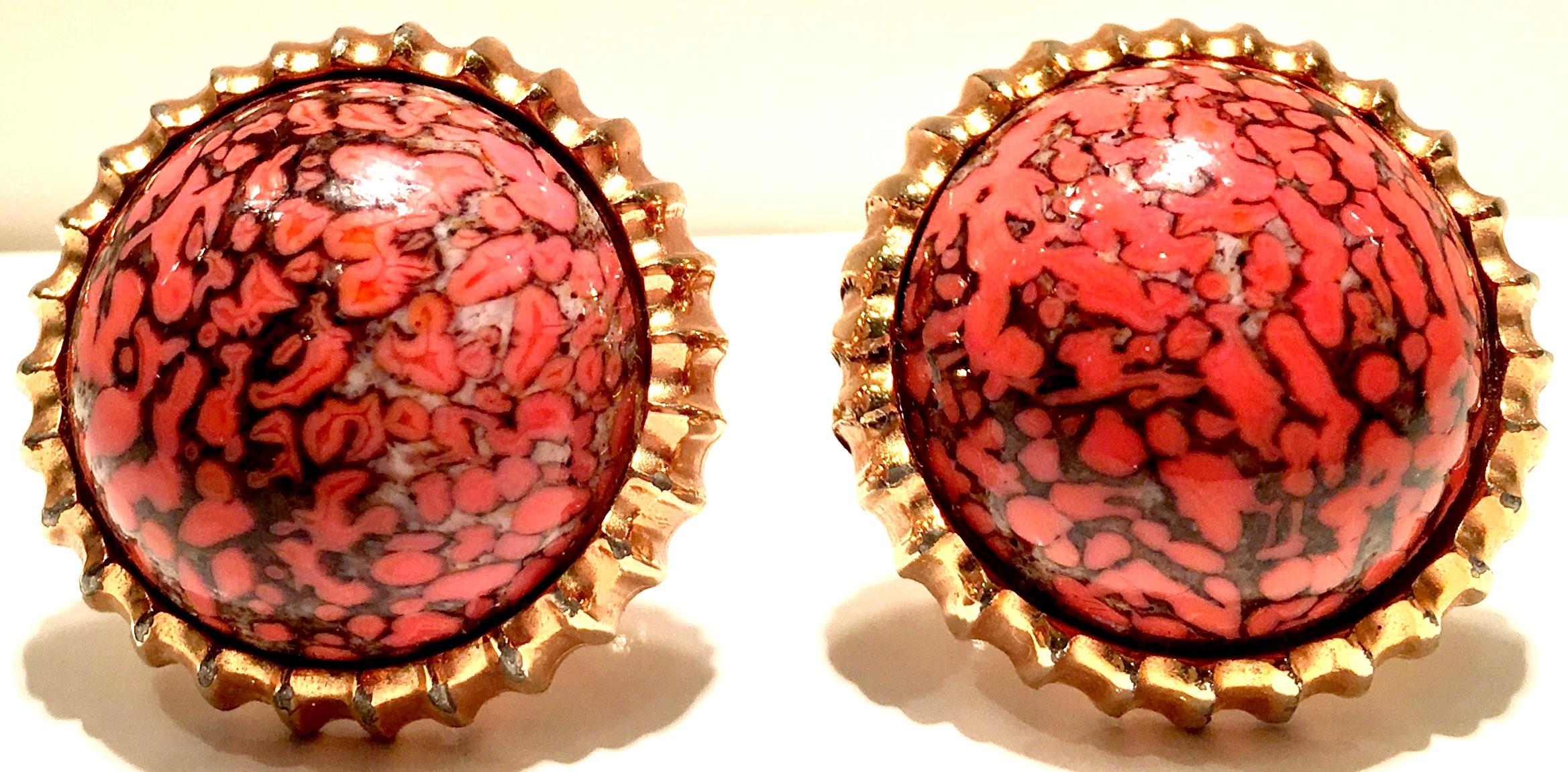 1960'S Gold Wash Cabochon Set Coral Glass Stone Dome Cuff Links By, Hickock. Each cuff link is signed Hickock, U.S.A.