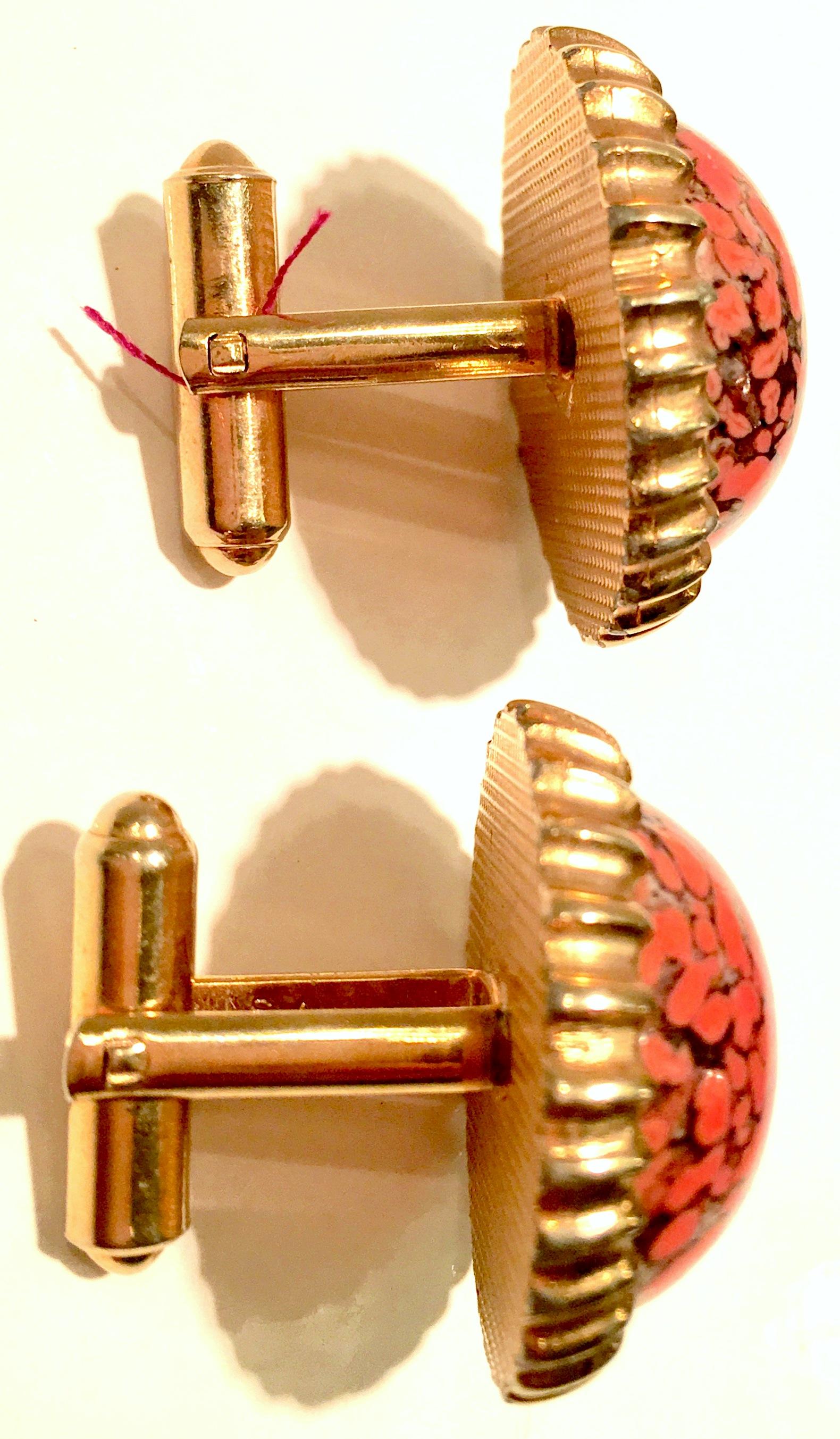 Women's or Men's 60'S Gold & Coral Glass Stone Cufflinks By Hickock