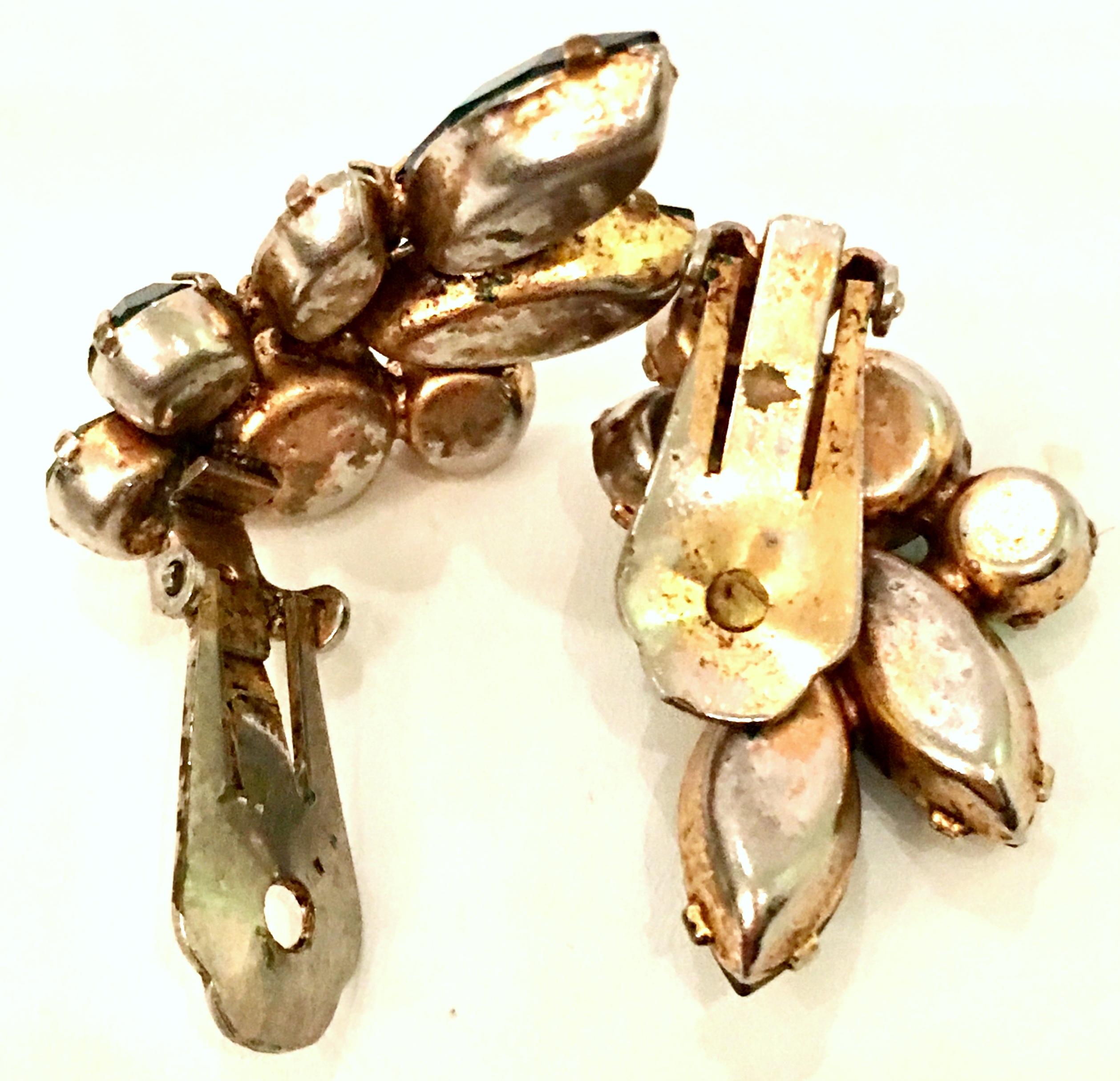 60'S Gold & Green Swarovski Crystal Abstract Flower Earrings 3
