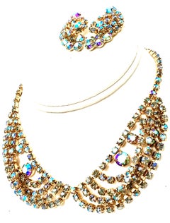 60'S Gold & Swarovski Crystal Necklace Earrings S/3 By Alice Caviness