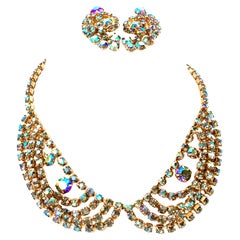 Vintage 60'S Gold & Swarovski Crystal Necklace Earrings S/3 By Alice Caviness