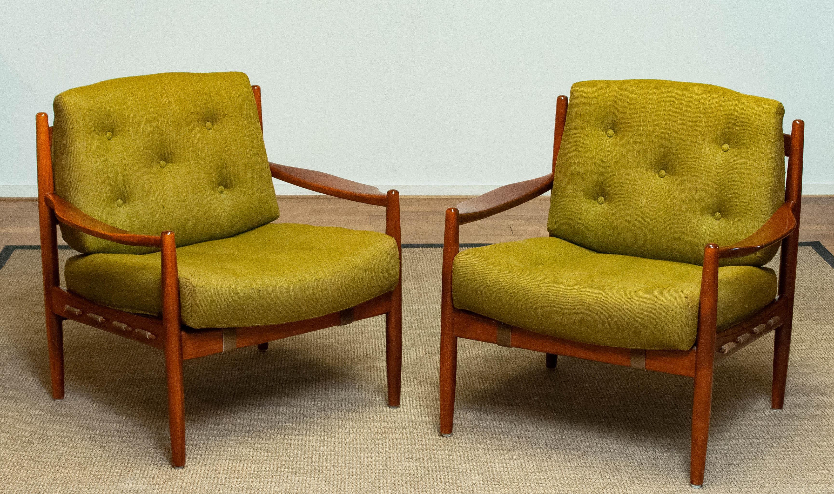 60's Green Linen Lounge Chair By Ingemar Thillmark For OPE Sweden 'Model Läckö' For Sale 3