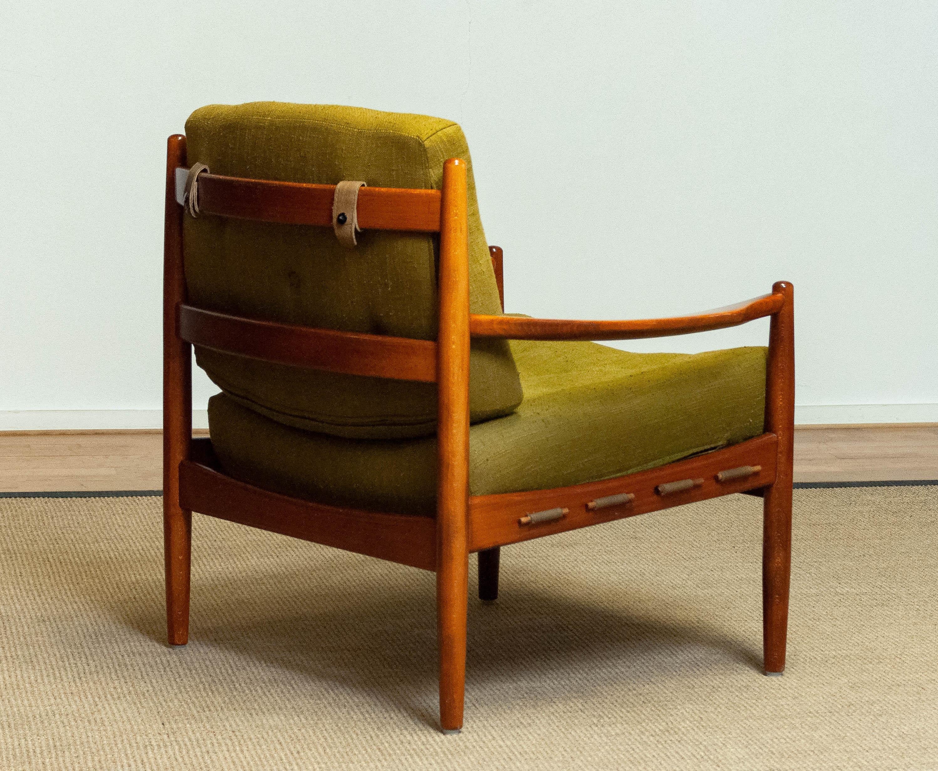 Scandinavian Modern 60's Green Linen Lounge Chair By Ingemar Thillmark For OPE Sweden 'Model Läckö' For Sale