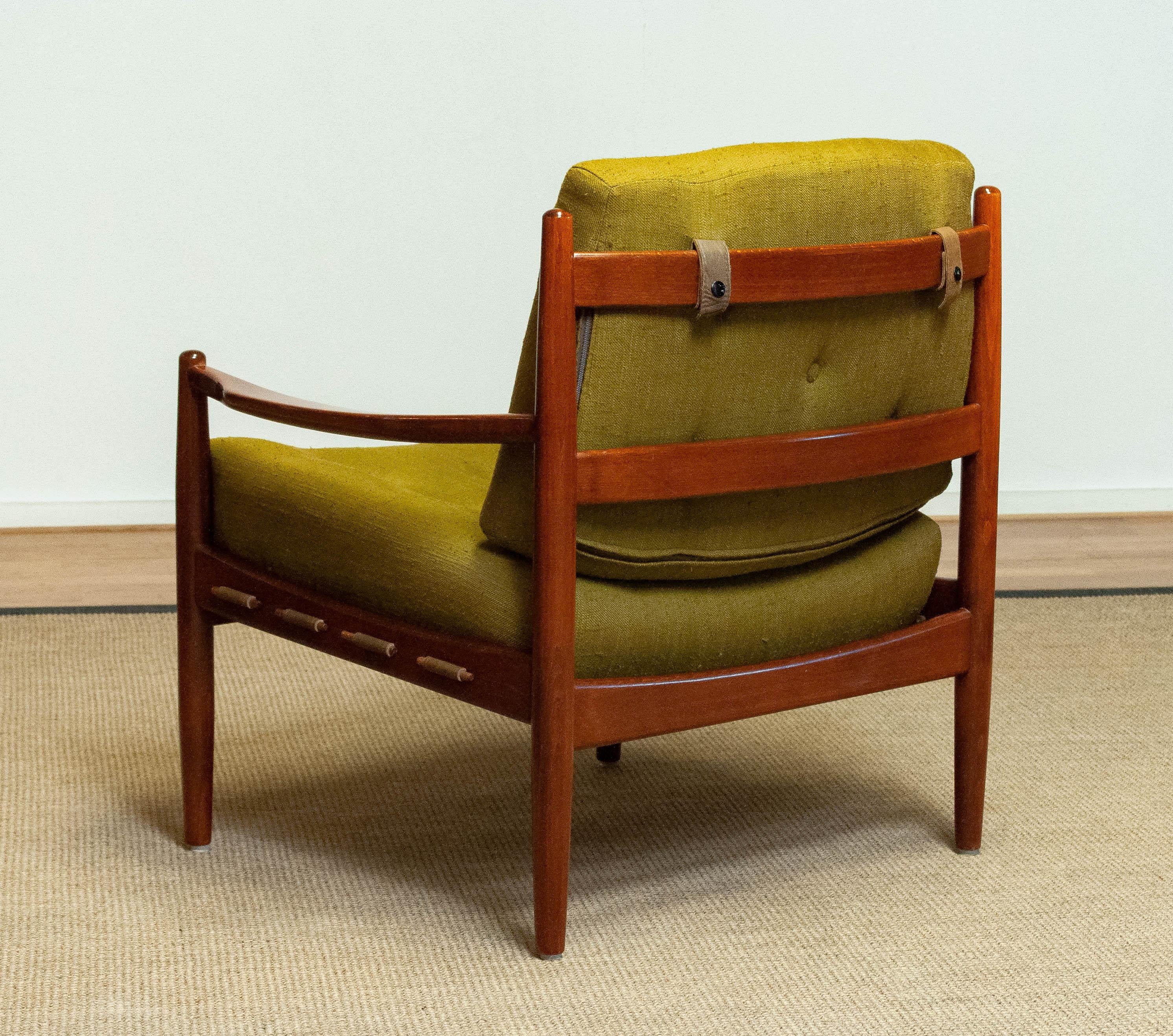 Swedish 60's Green Linen Lounge Chair By Ingemar Thillmark For OPE Sweden 'Model Läckö' For Sale