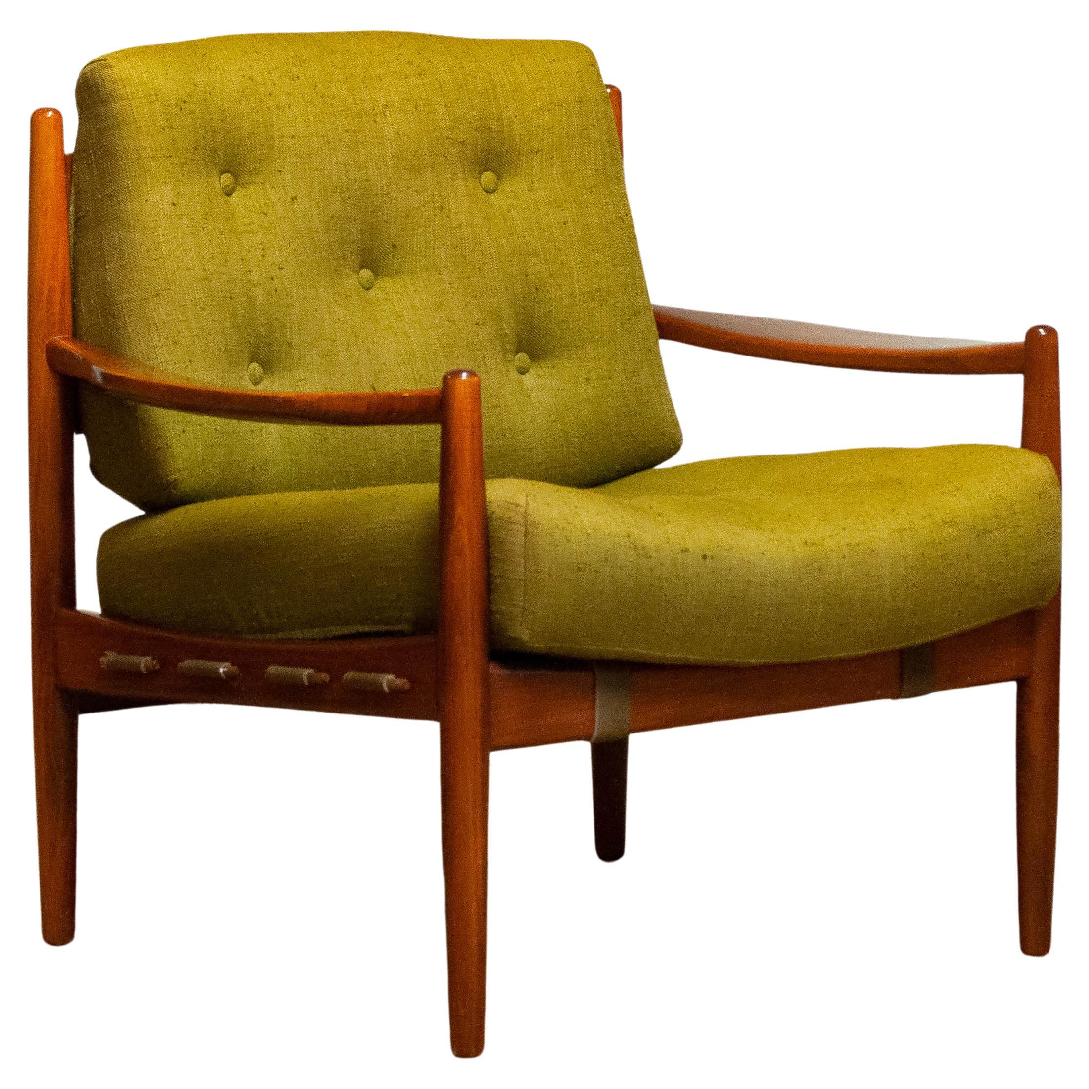 60's Green Linen Lounge Chair By Ingemar Thillmark For OPE Sweden 'Model Läckö'