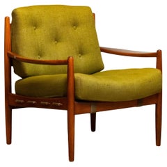 Vintage 60's Green Linen Lounge Chair By Ingemar Thillmark For OPE Sweden 'Model Läckö'