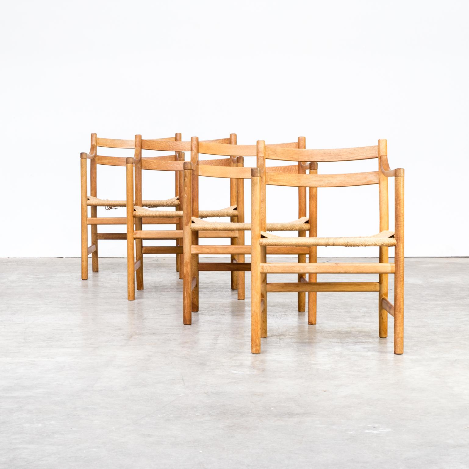 1960s Hans Wegner ‘CH46’ chair for Carl Hansen & Son, set of 4. One lot of four Hans Wegner CH46 dining chairs with arm rest. Beautiful elegant design oak frames are in very good condition seating in good condition consistent with age and use.
 