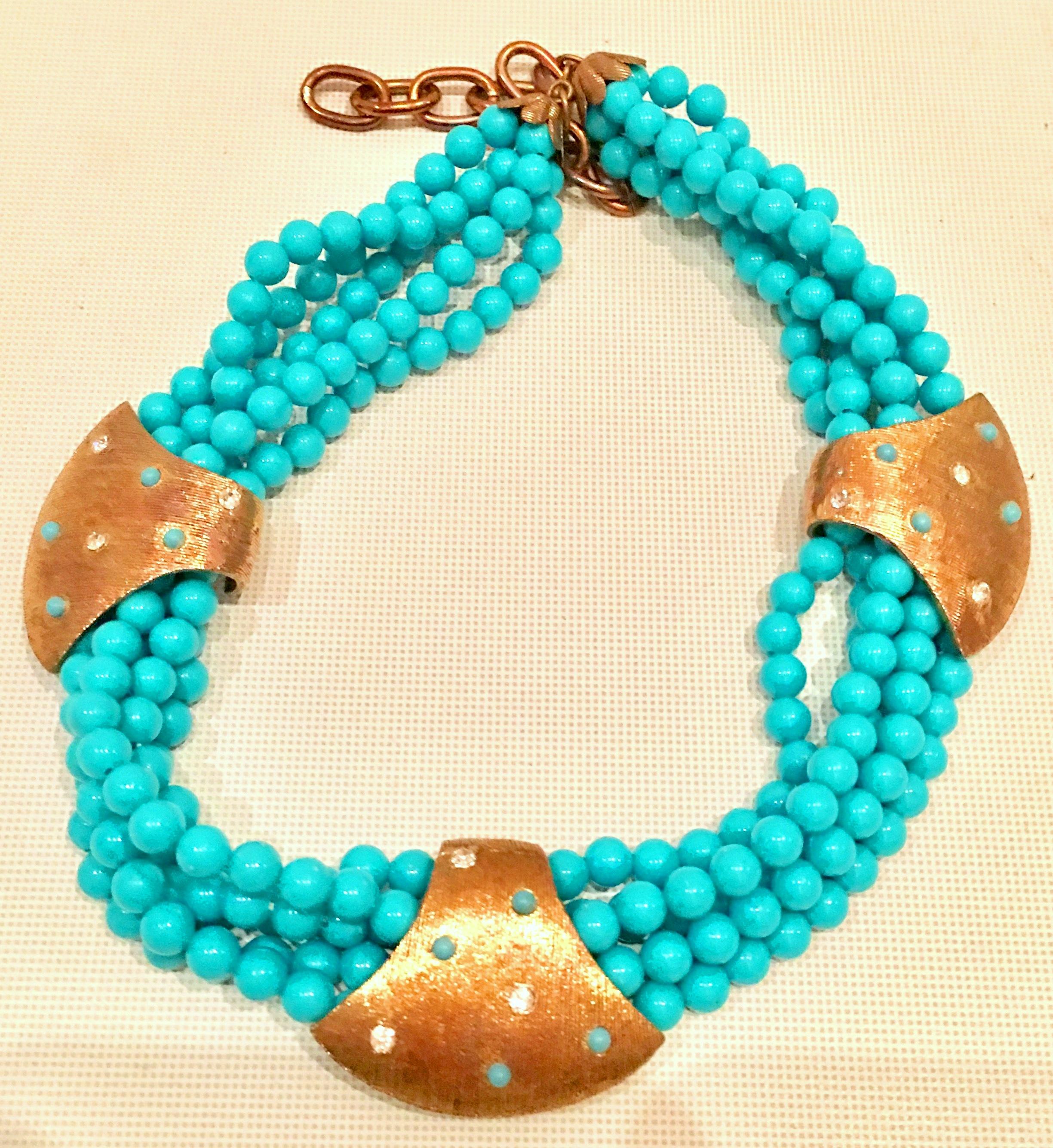 60'S Haskell Style Turquoise Bead & Swarovski Crystal Necklace & Earrings S/3 In Good Condition In West Palm Beach, FL