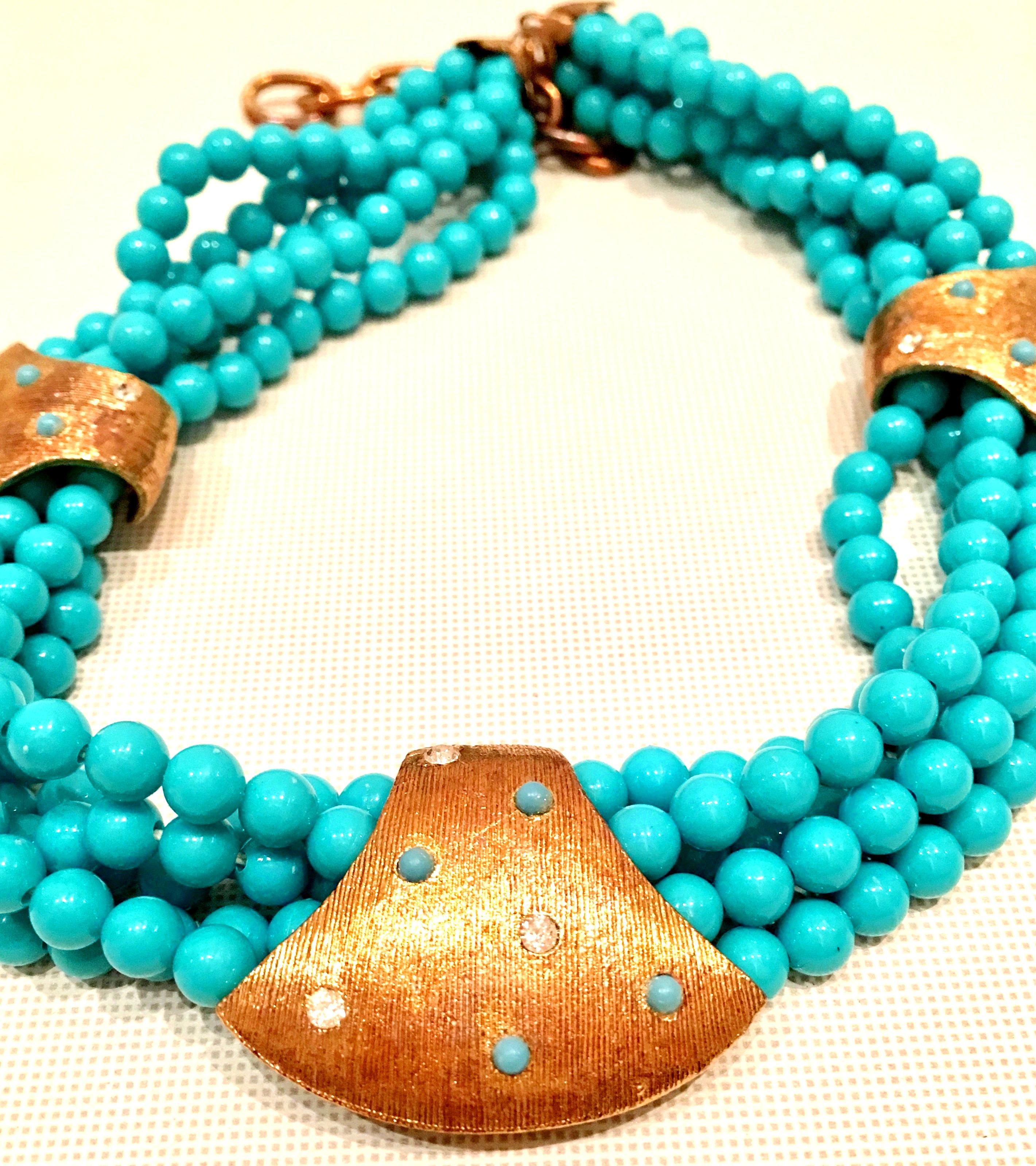 Women's 60'S Haskell Style Turquoise Bead & Swarovski Crystal Necklace & Earrings S/3