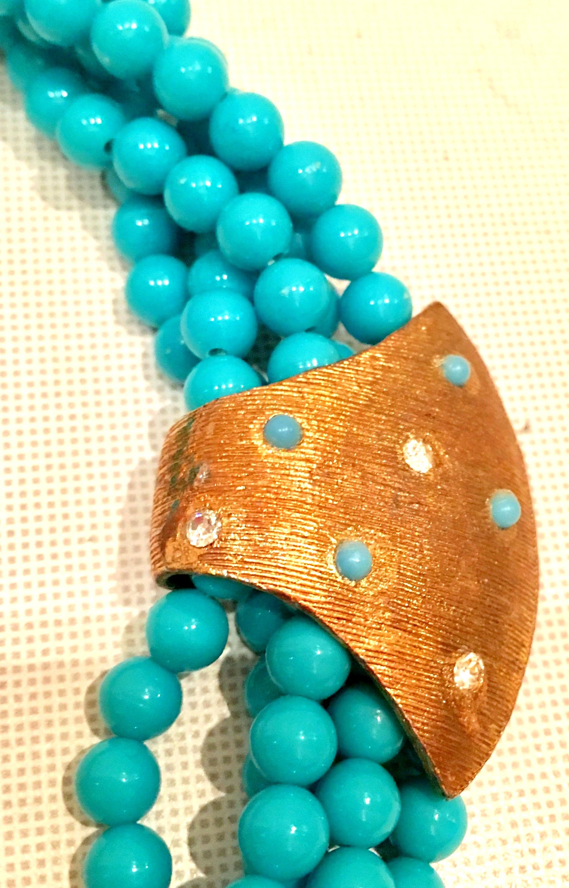 60'S Haskell Style Turquoise Bead & Swarovski Crystal Necklace & Earrings S/3 1