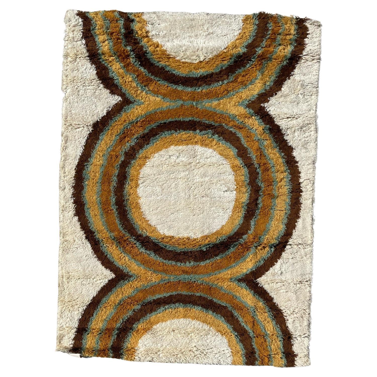 60's HOJER EKSPORT WILTON Circles Wool UNUSED Modern Rya Danish Rug Mid Century