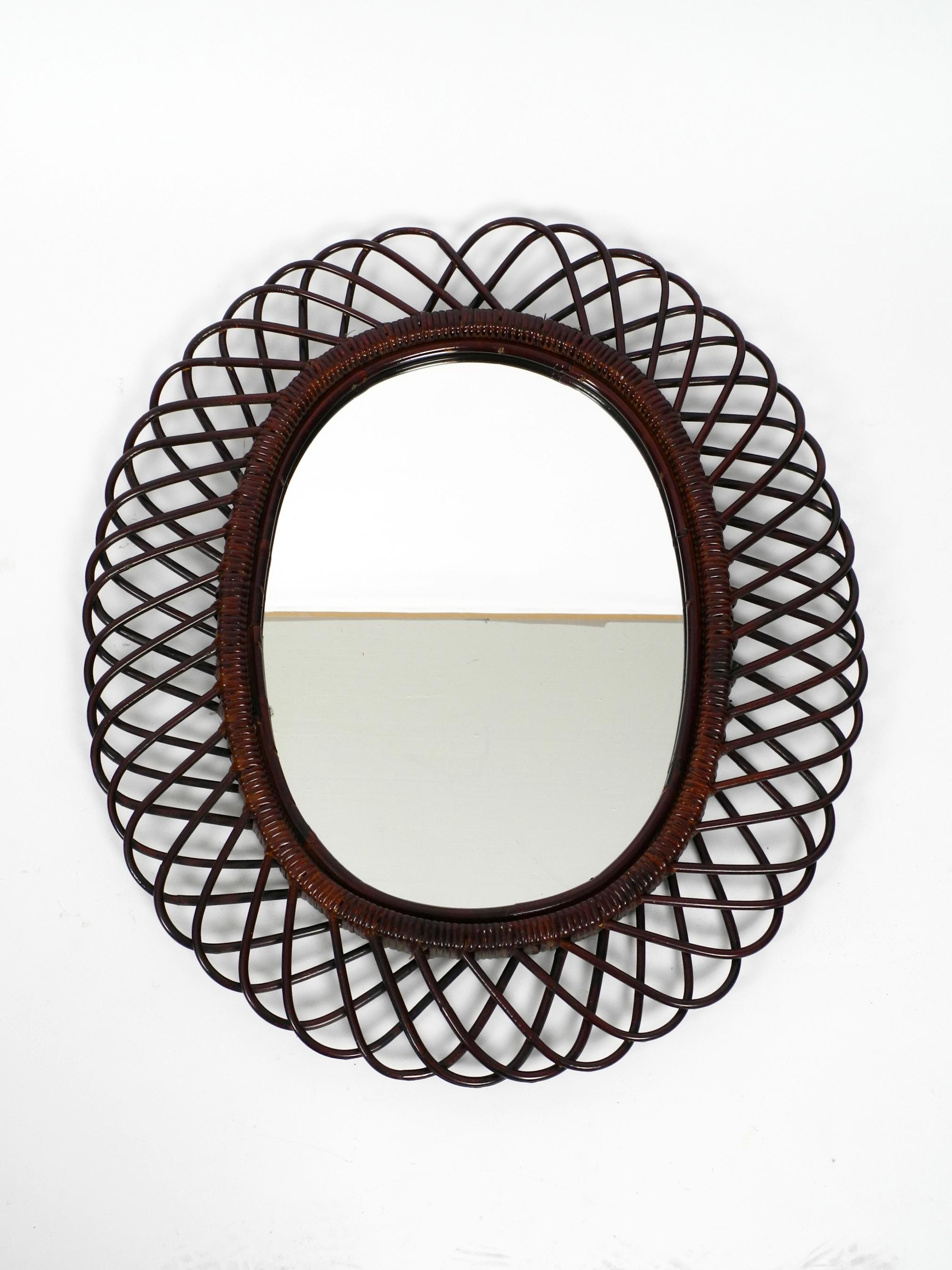 1960s Italian Large Oval Mahogany Colored Bamboo Wall Mirror in Loop Design 9