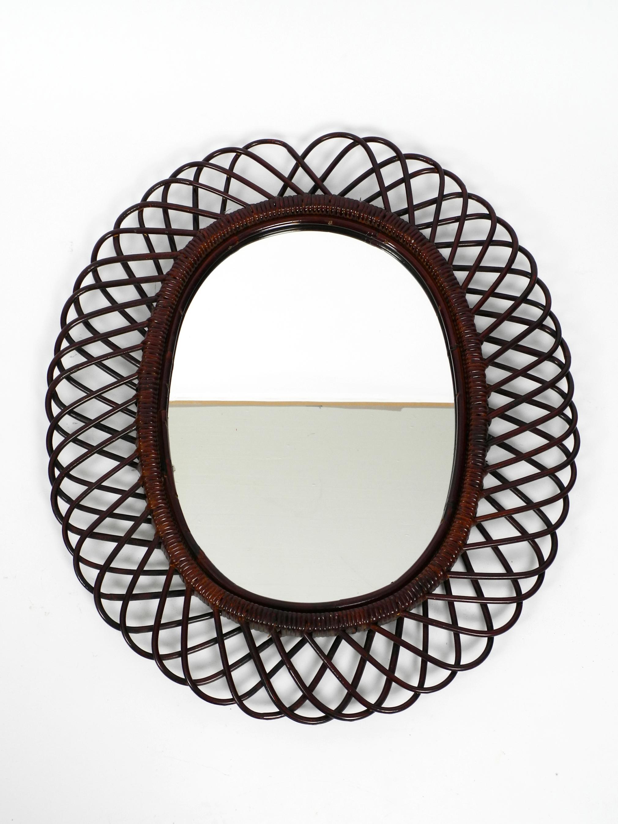 1960s Italian Large Oval Mahogany Colored Bamboo Wall Mirror in Loop Design 12