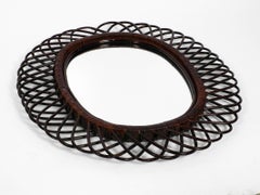 1960s Italian Large Oval Mahogany Colored Bamboo Wall Mirror in Loop Design