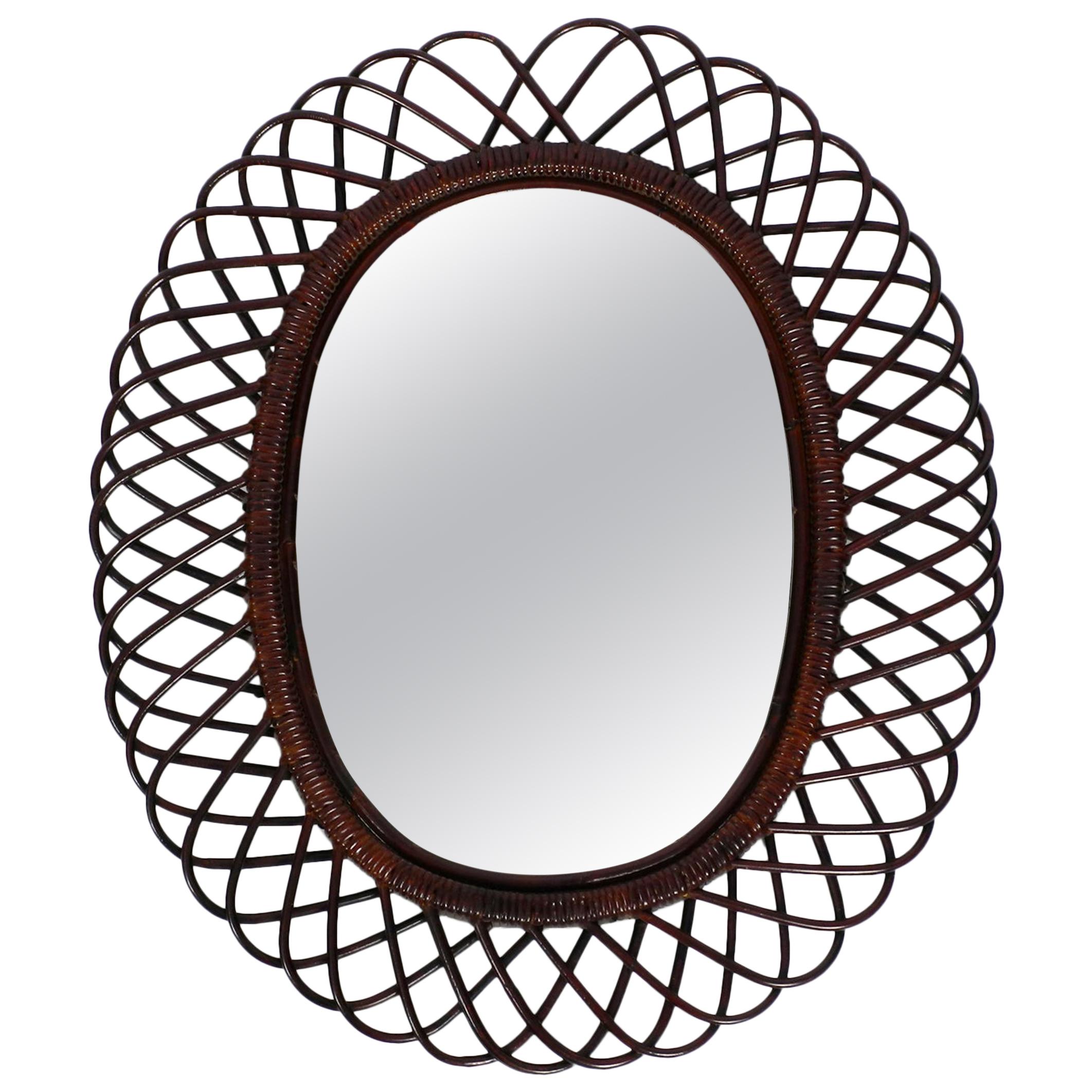 1960s Italian Large Oval Mahogany Colored Bamboo Wall Mirror in Loop Design