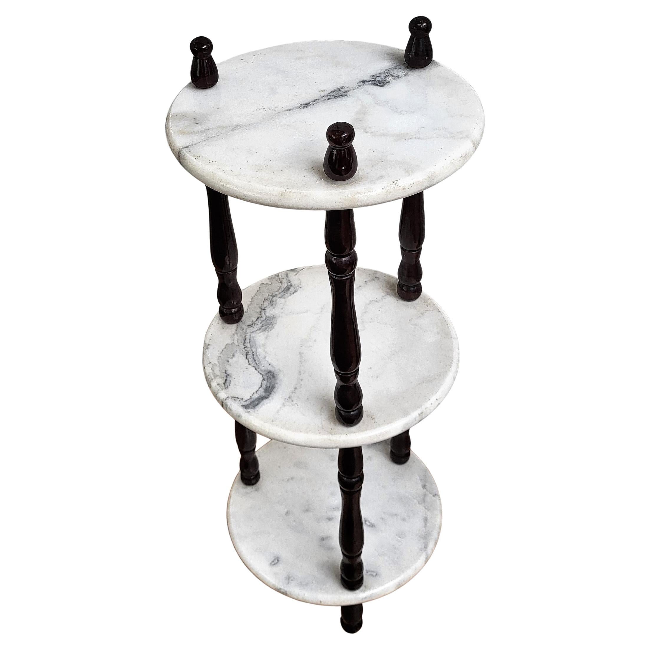 60s Italian Three Tiered White Carrara Marble and Wood Small Etagere Side Table For Sale