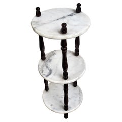 60s Italian Three Tiered White Carrara Marble and Wood Small Etagere Side Table