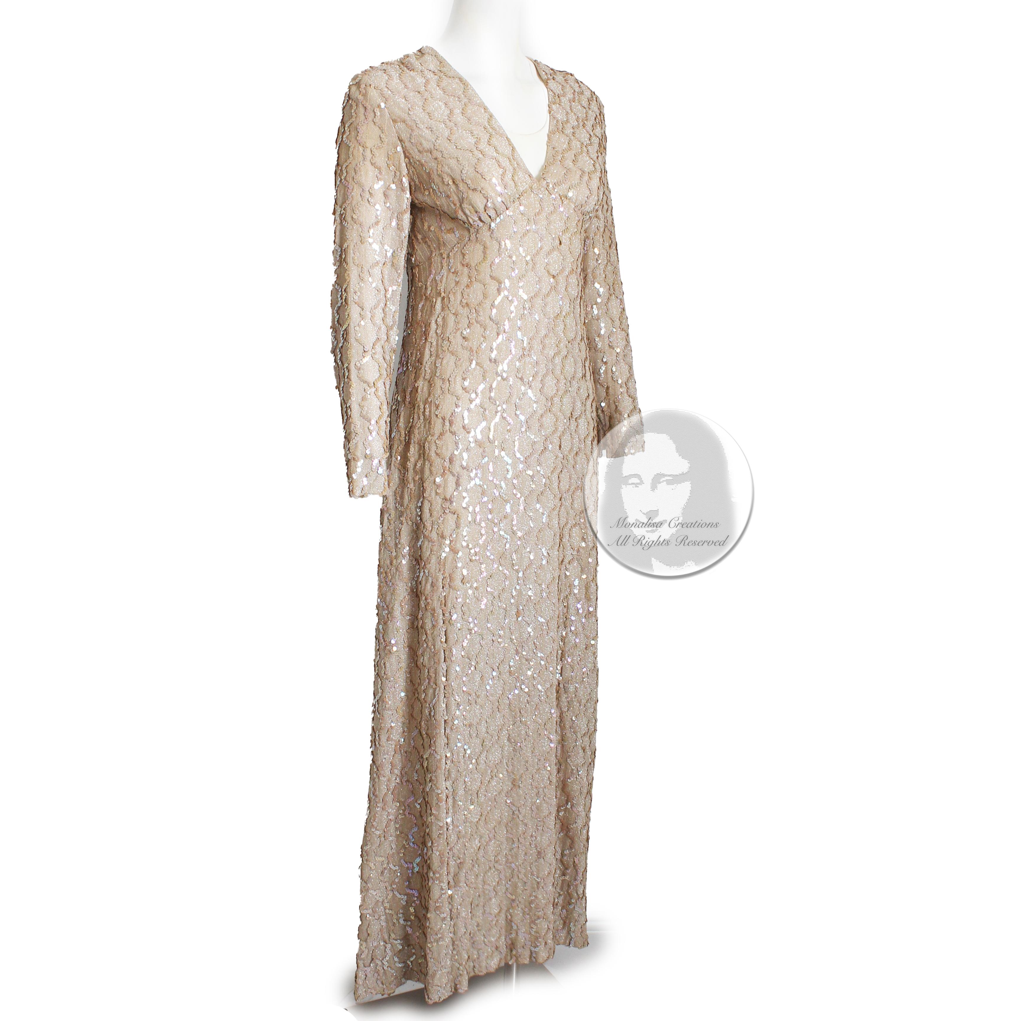 60s Jack Bryan by Dupuis Gold Evening Gown with Sequins Formal Long Dress S In Good Condition For Sale In Port Saint Lucie, FL