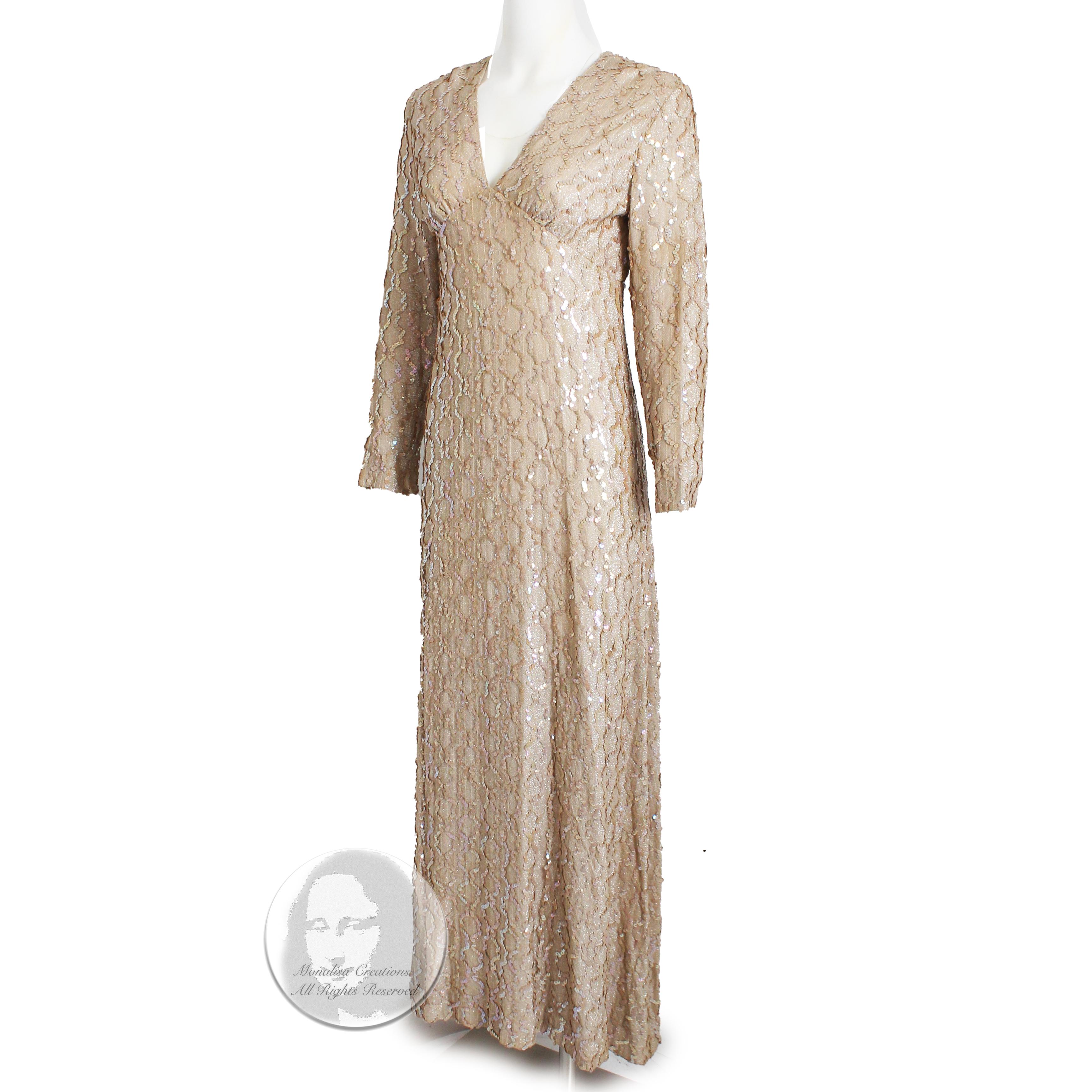 60s Jack Bryan by Dupuis Gold Evening Gown with Sequins Formal Long Dress S For Sale 1