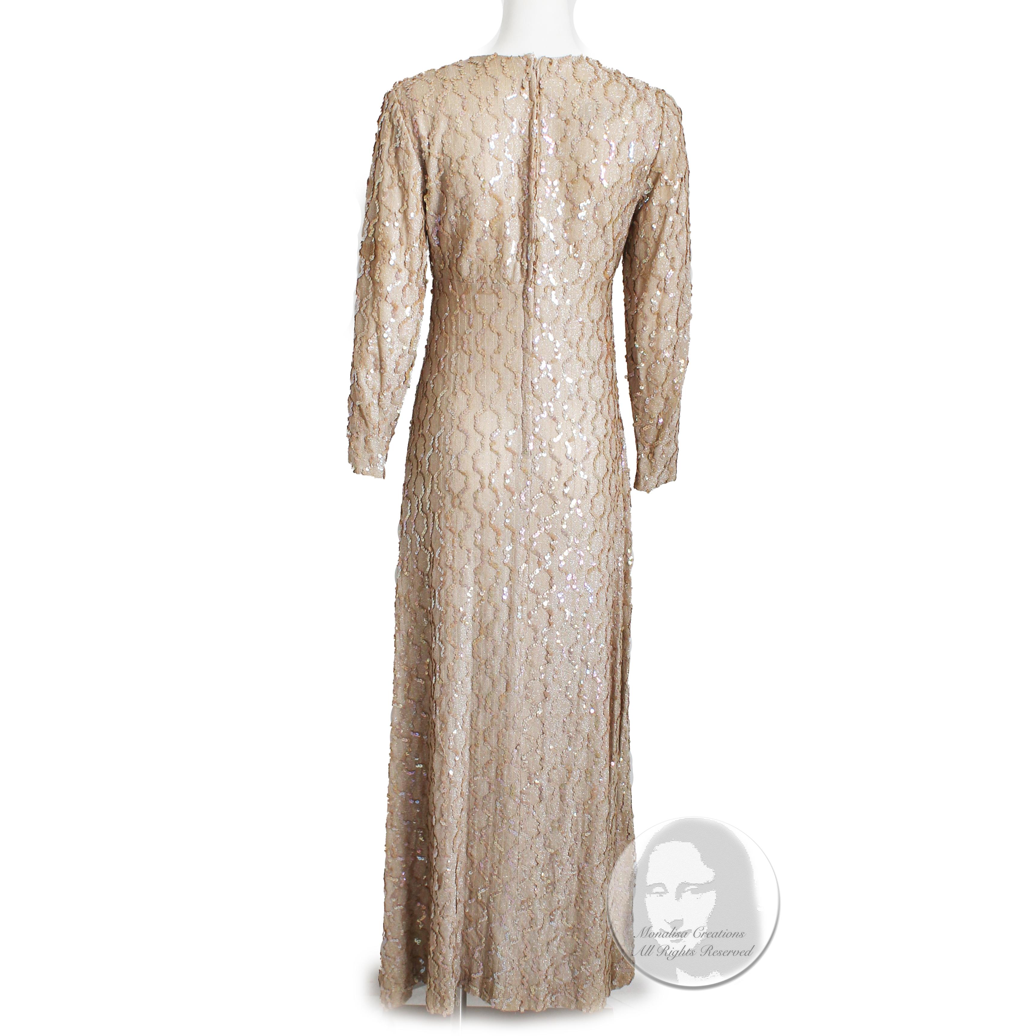 60s Jack Bryan by Dupuis Gold Evening Gown with Sequins Formal Long Dress S For Sale 3